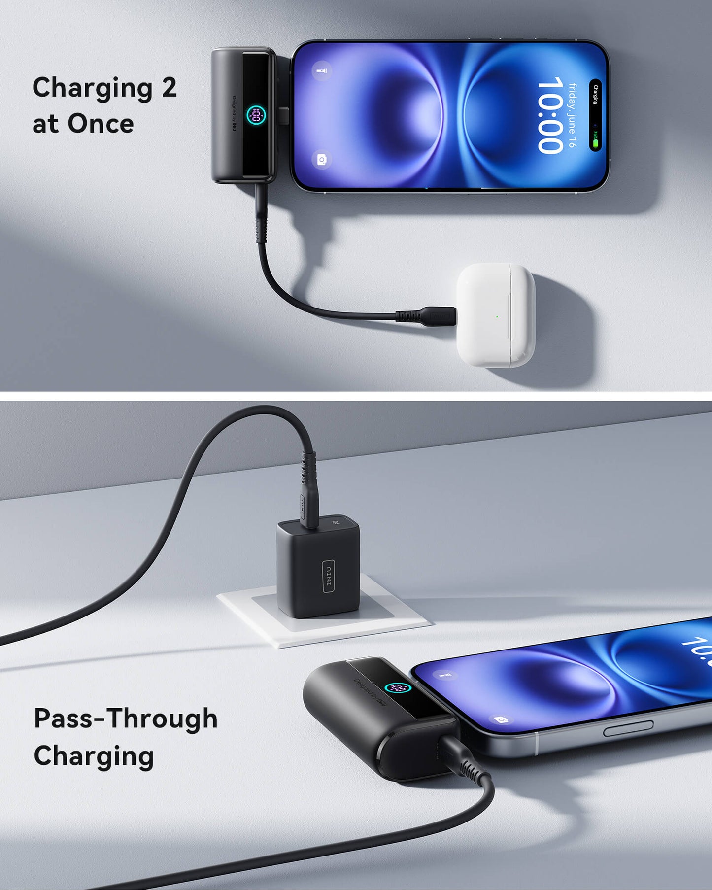 INIU P45-E1 Power Bank: Charging 2 devices at once, USB-C port and pass-through charging.