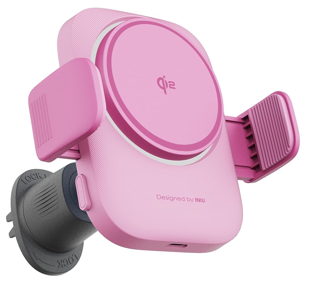 INIU SnapGo V11-E1 Pink Qi2 Magnetic Wireless Car Charger, featuring Qi2 logo, Designed by INIU, adjustable mount