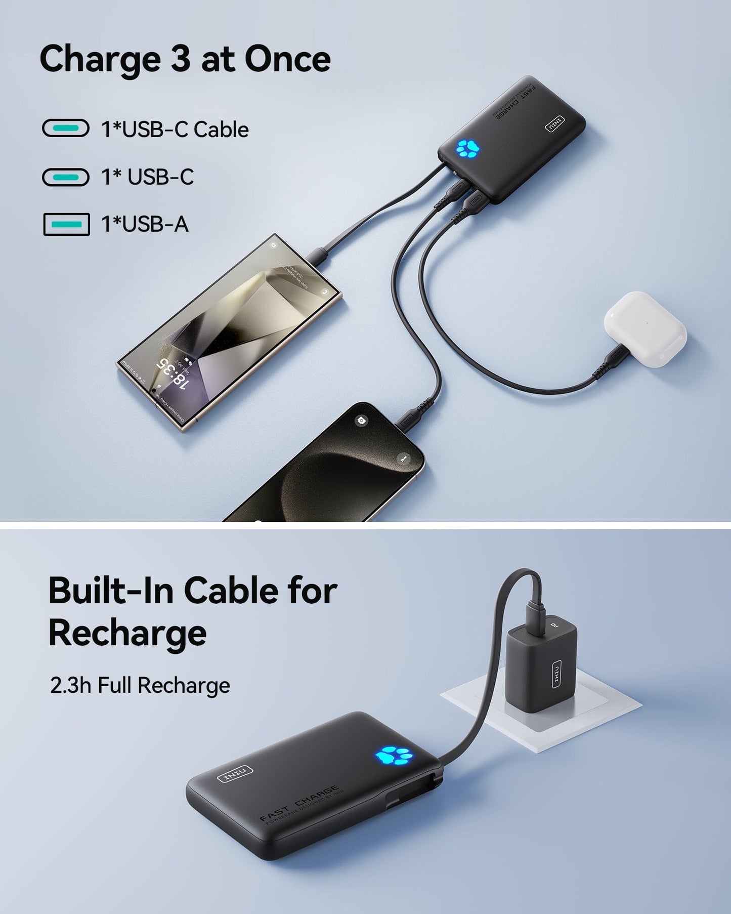 INIU P41L-E1 Power Bank: Black portable charger with built-in cable, charging 3 devices at once, features fast charge.