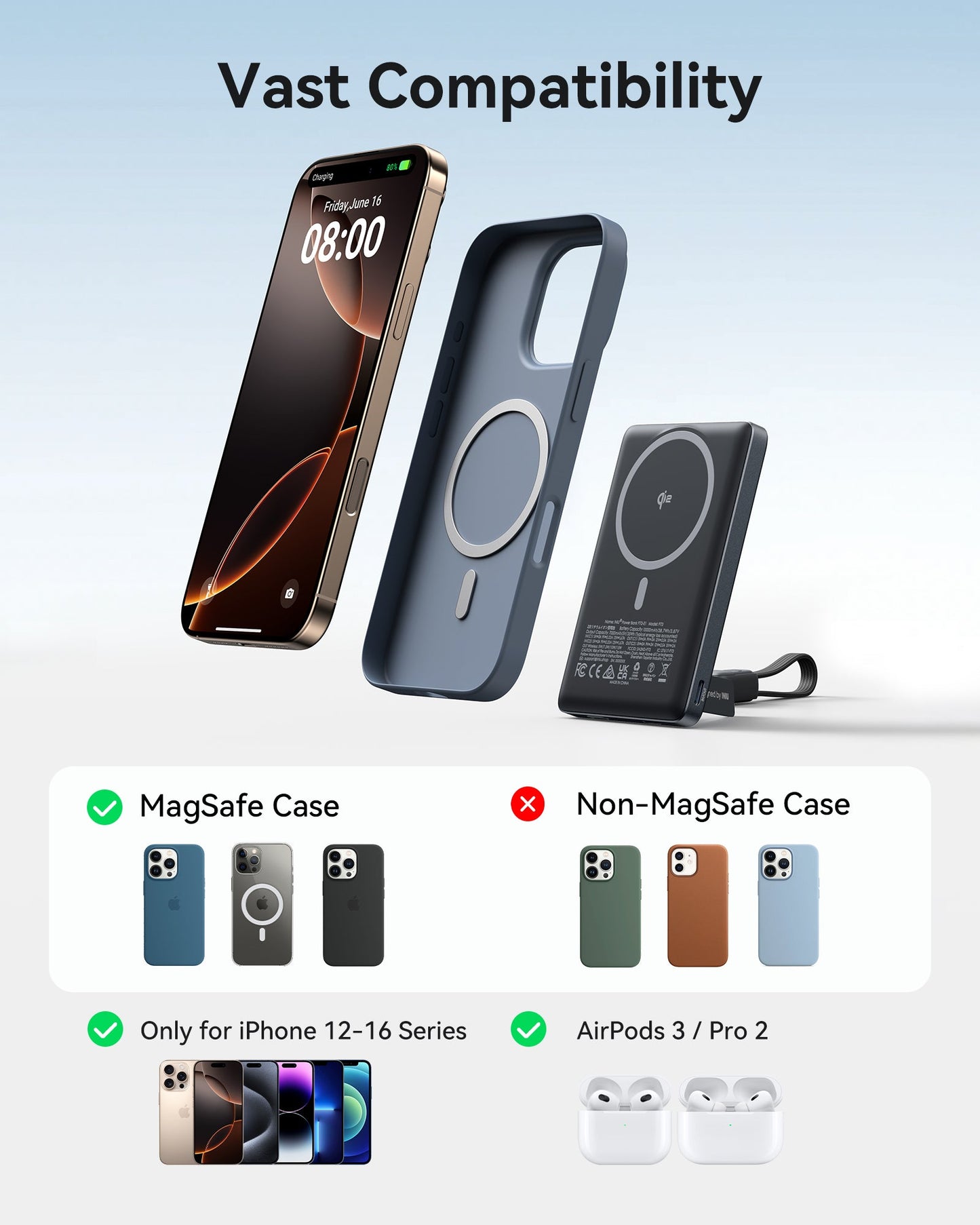 INIU SnapGo P71-E1 Compatibility: Supports iPhone 16/13, AirPods, MagSafe cases