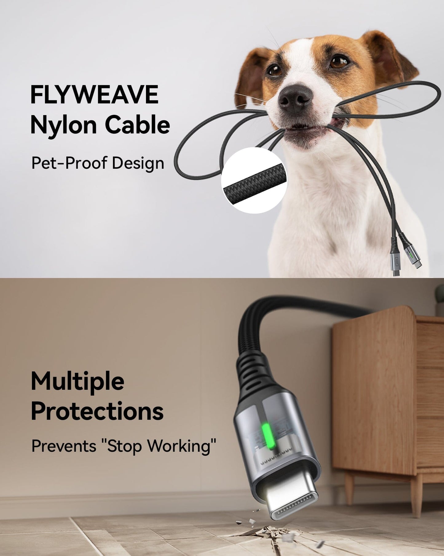 INIU D7CC Nylon Cable: Pet-proof USB-C cable, dog with black braided cable, multiple protections, green indicator.