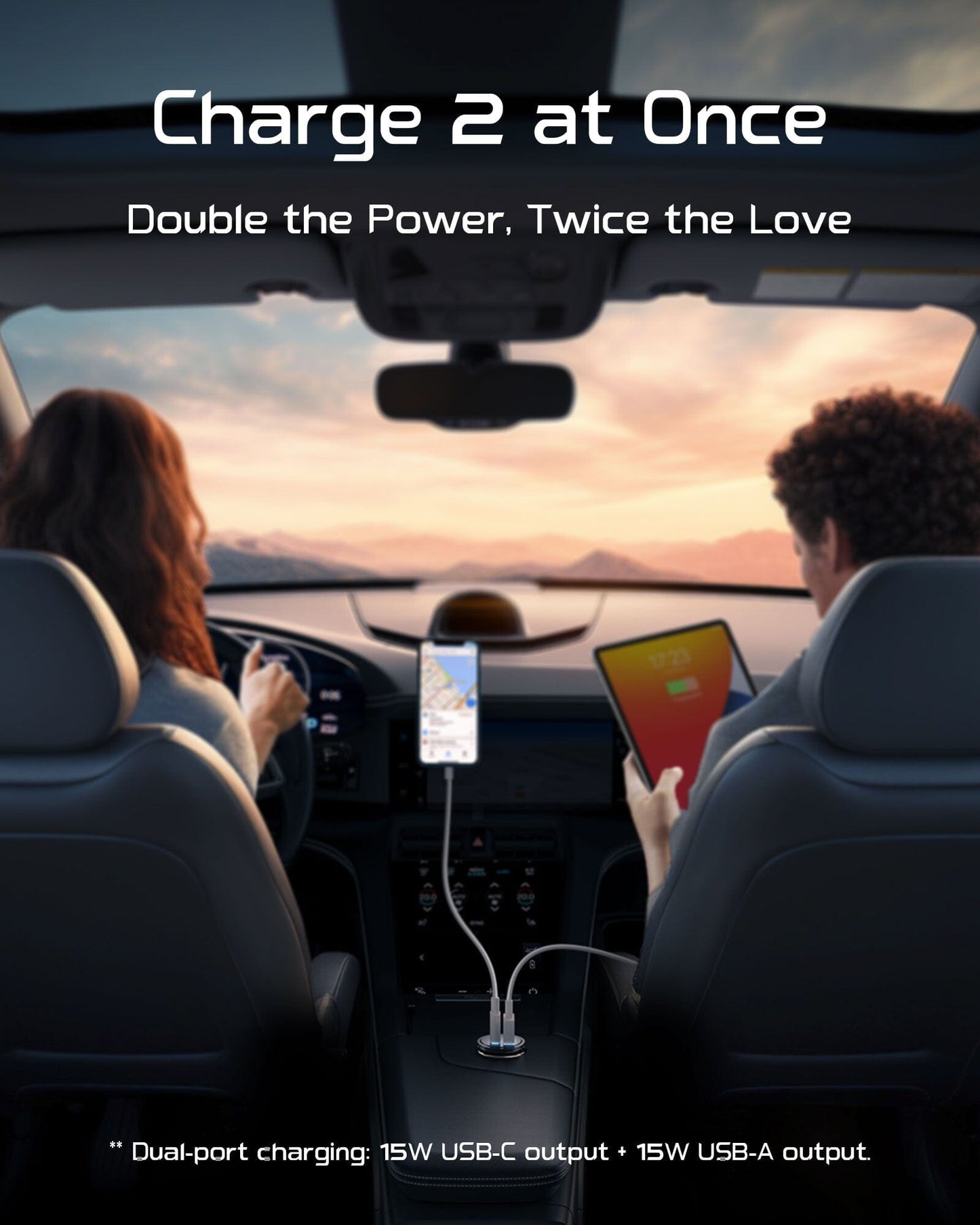 INIU I710 Car Charger: Dual-port fast charging for phone and tablet, 15W USB-C & USB-A