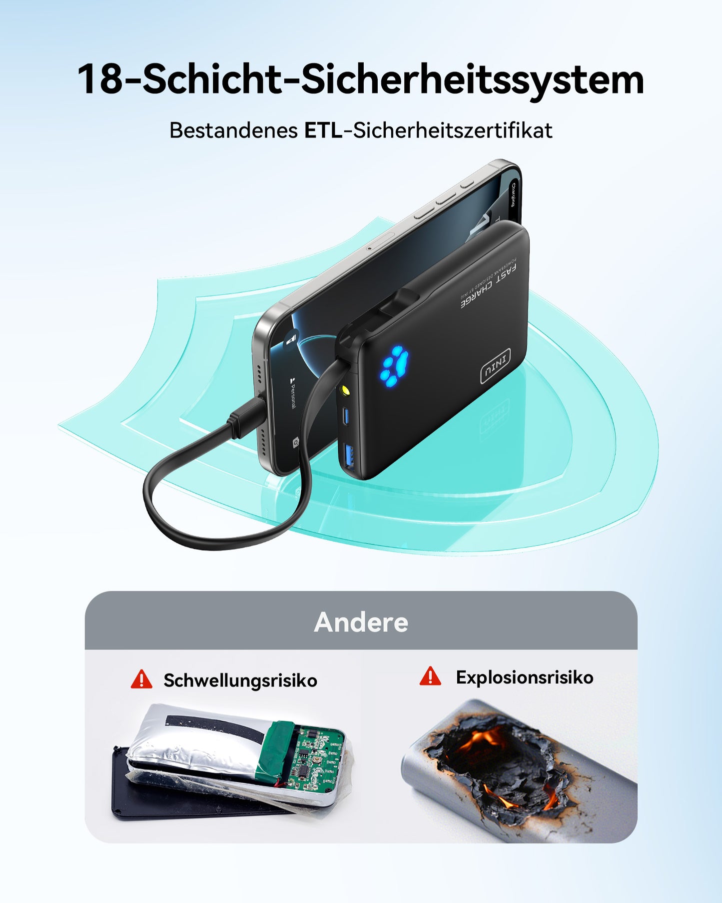 INIU Pawsible P41L-E2 Power Bank mit eingebautem Kabel, schlankeste 45 W, 10.000 mAh