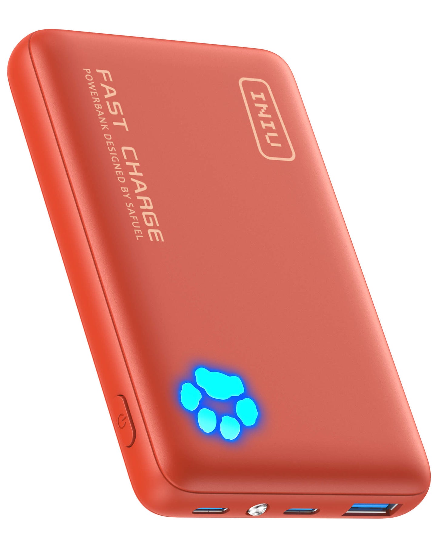 INIU P41 Power Bank: Orange Fast Charge portable charger with paw print indicator.