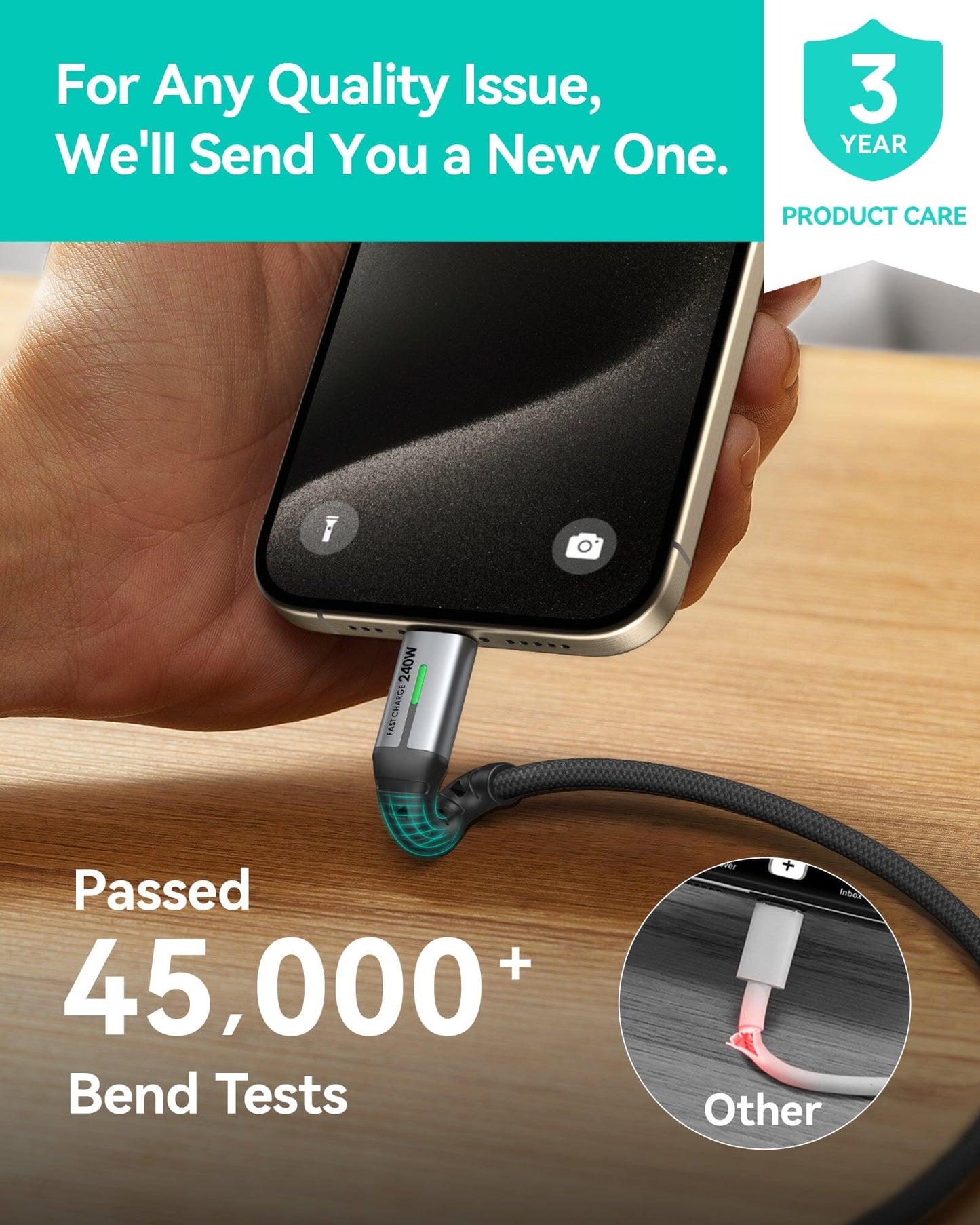 INIU D7CC USB-C Cable: Charging iPhone with 240W fast charge, passed 45,000+ bend tests, and 3-year product care.