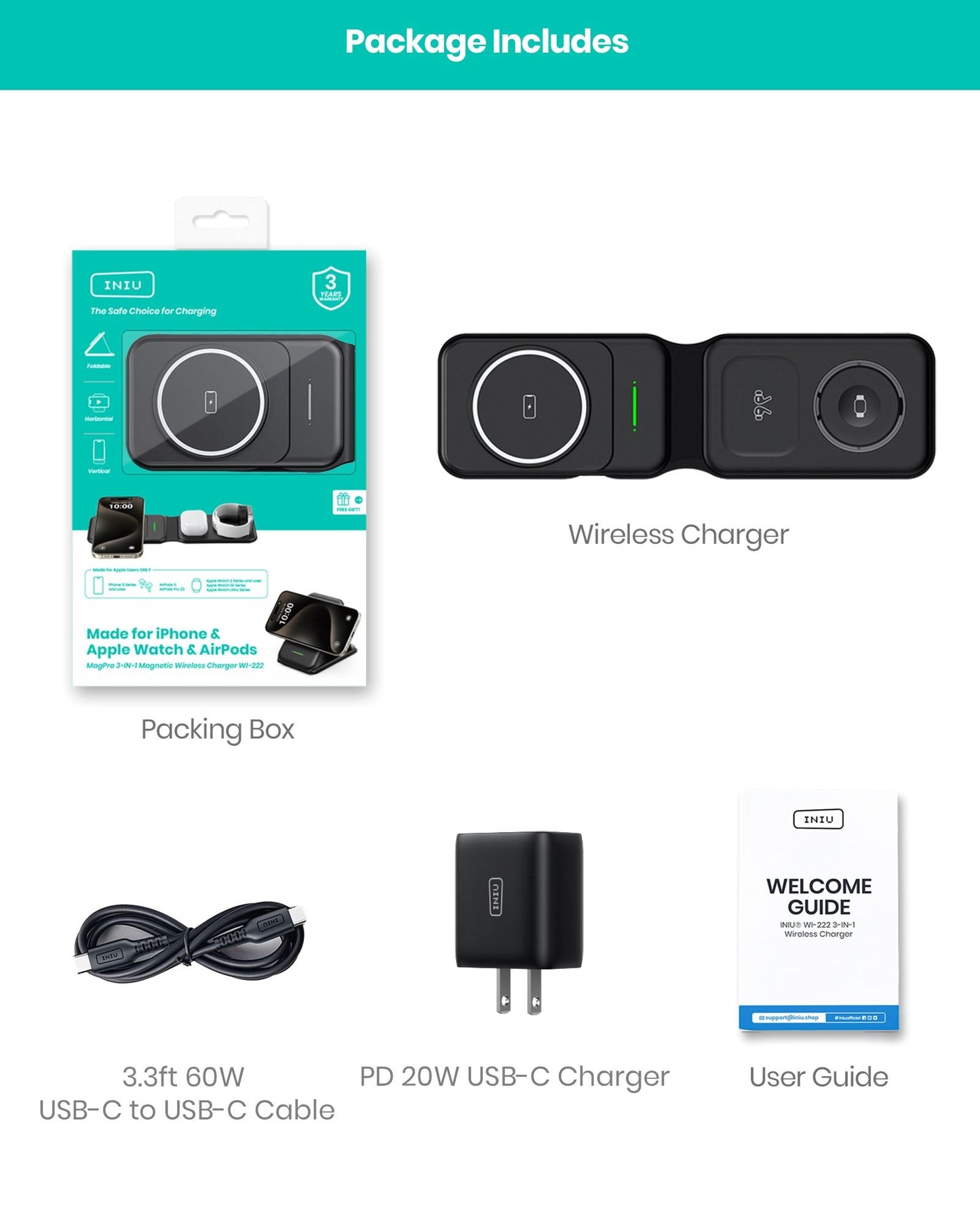 INIU WI-222 3-in-1 Wireless Charger Package: Includes charger, cable, adapter, and user guide