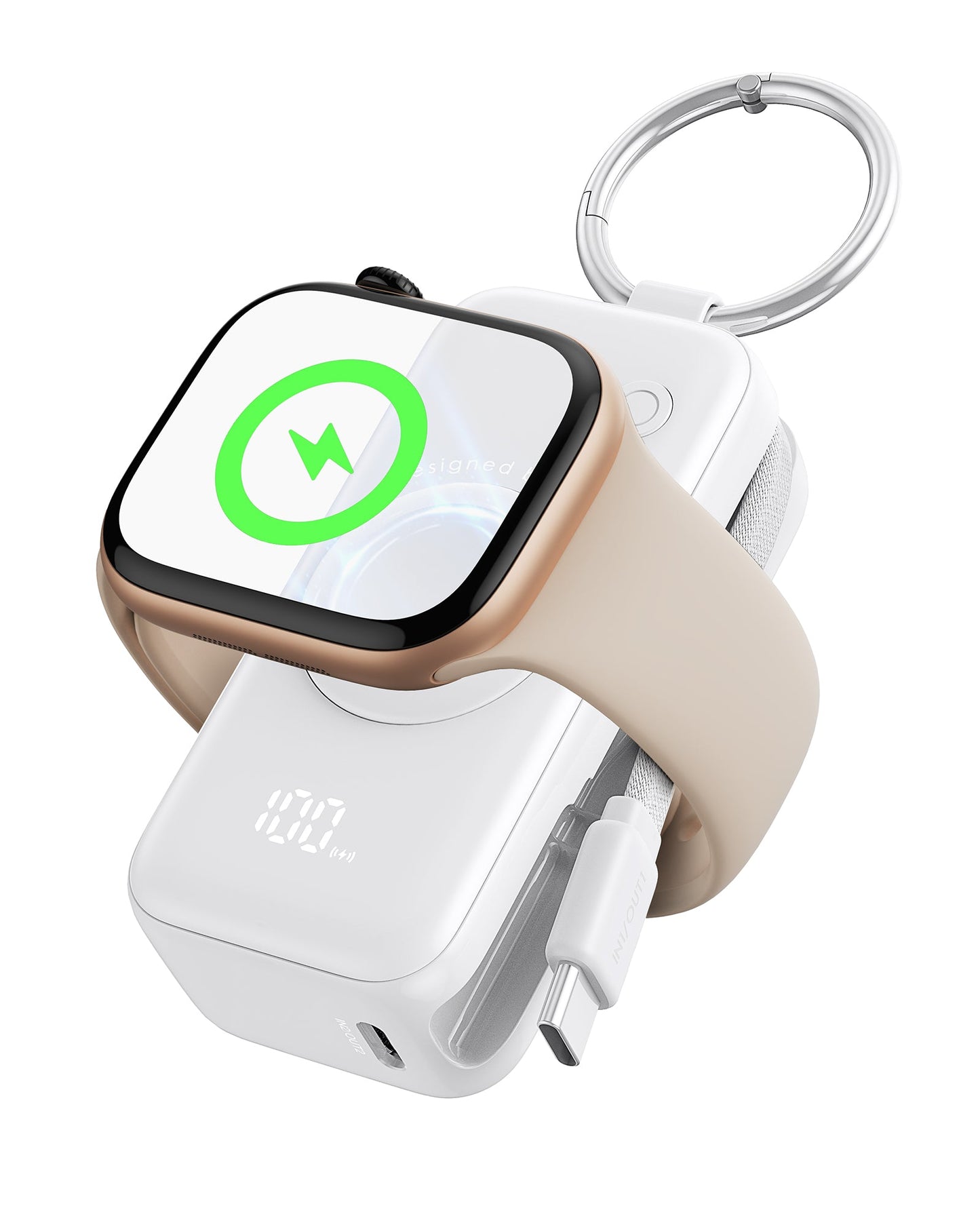 INIU P81-E1 Power Bank charging Apple Watch. Wireless charging with keychain design. 5000mAh.