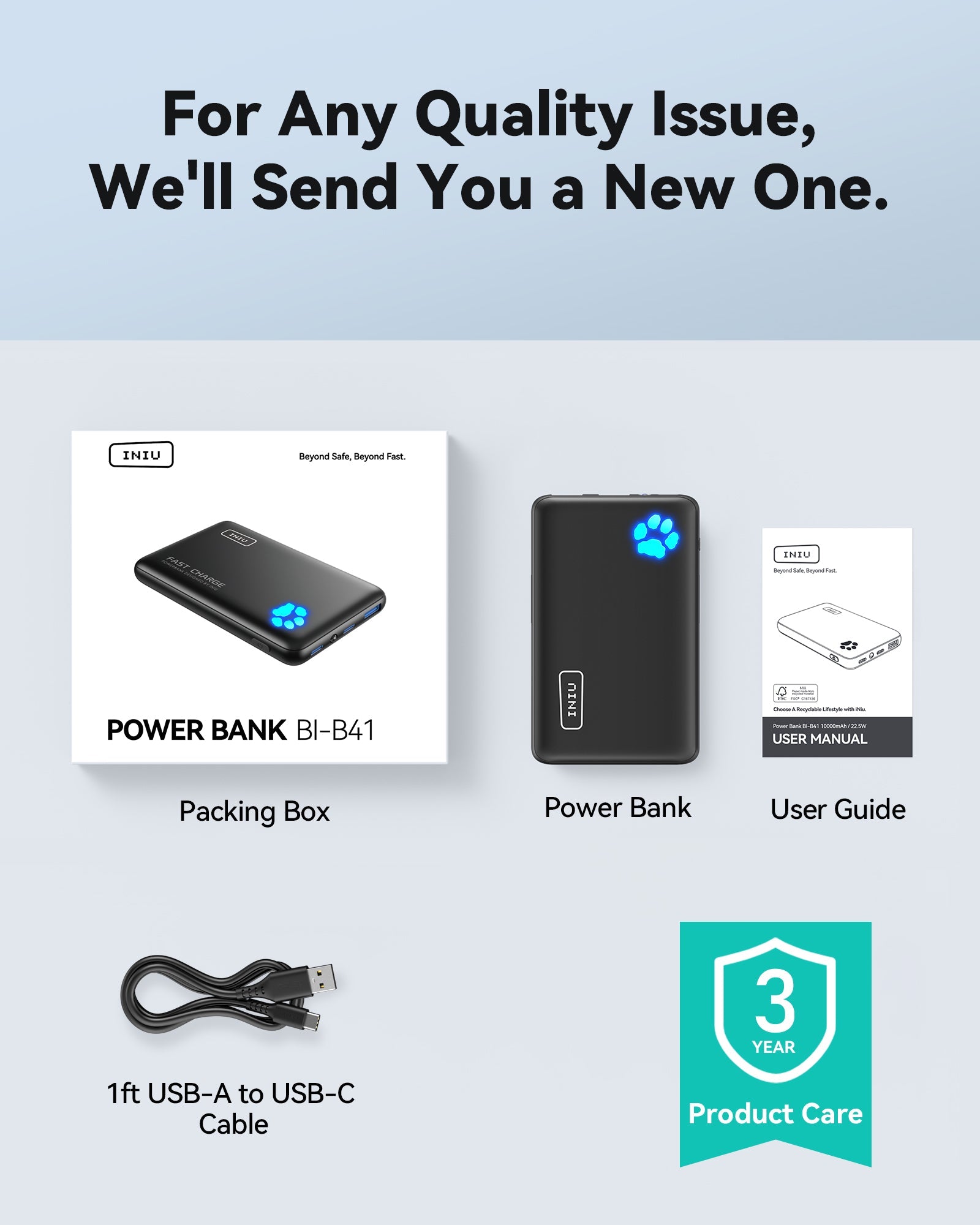 INIU P41 Power Bank Kit: Black power bank, packing box, USB-A to USB-C cable, user guide, and 3-year warranty.