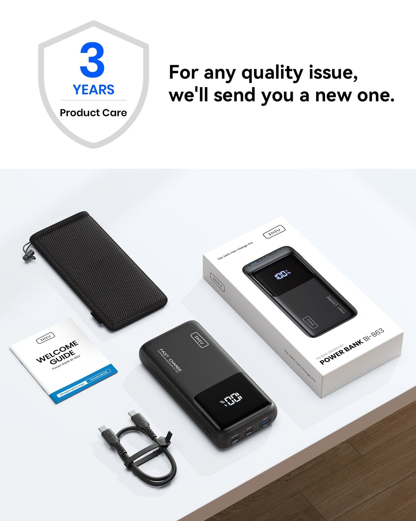 INIU BI-B63 Power Bank set: Black design, digital display, fast charging, 3-year warranty.