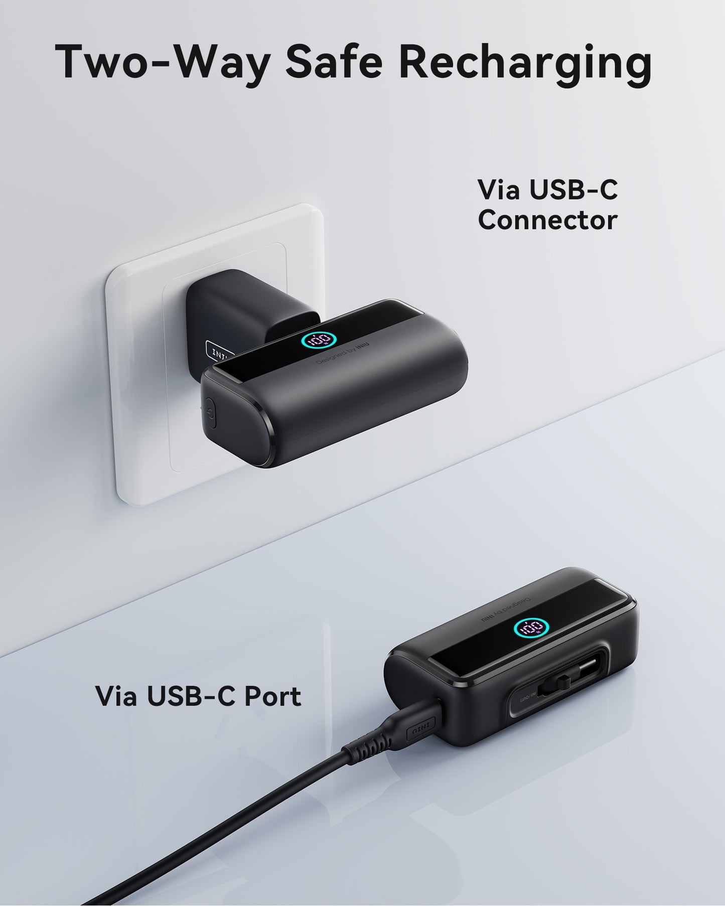 INIU P45-E1 Power Bank: Two-Way Safe Recharging via USB-C and USB-C Port, with 100% charging display