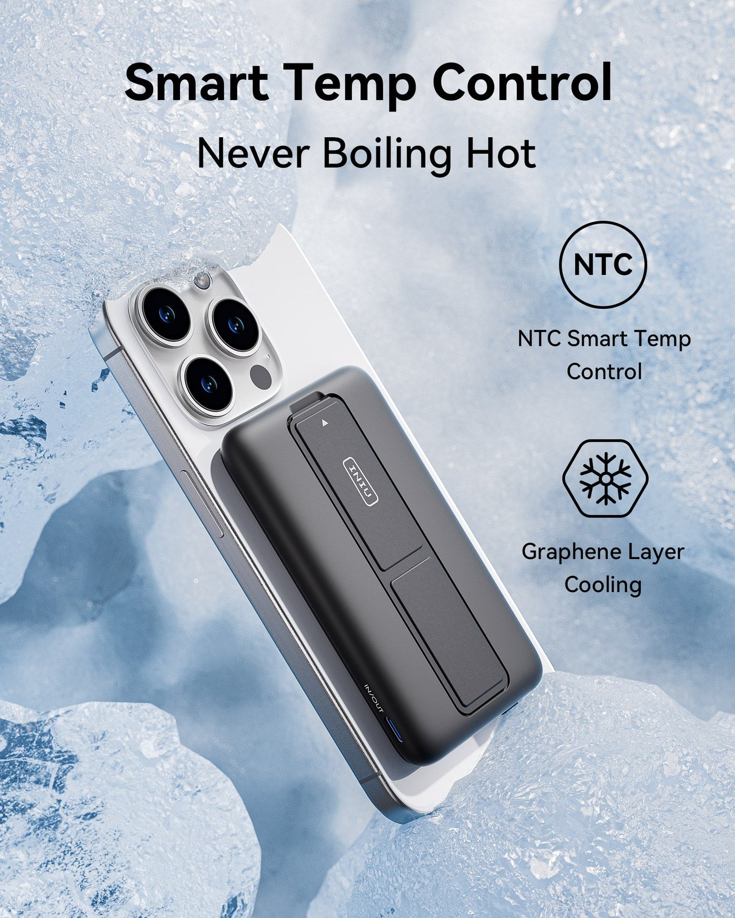INIU B7 Power Bank with Smart Temp Control, Graphene Layer Cooling for iPhone. Never Boiling Hot. Gray.