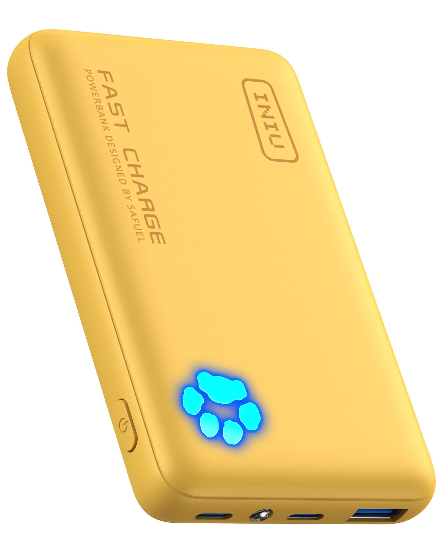 INIU P41 Power Bank: Yellow Fast Charge power bank with paw print indicator and USB ports