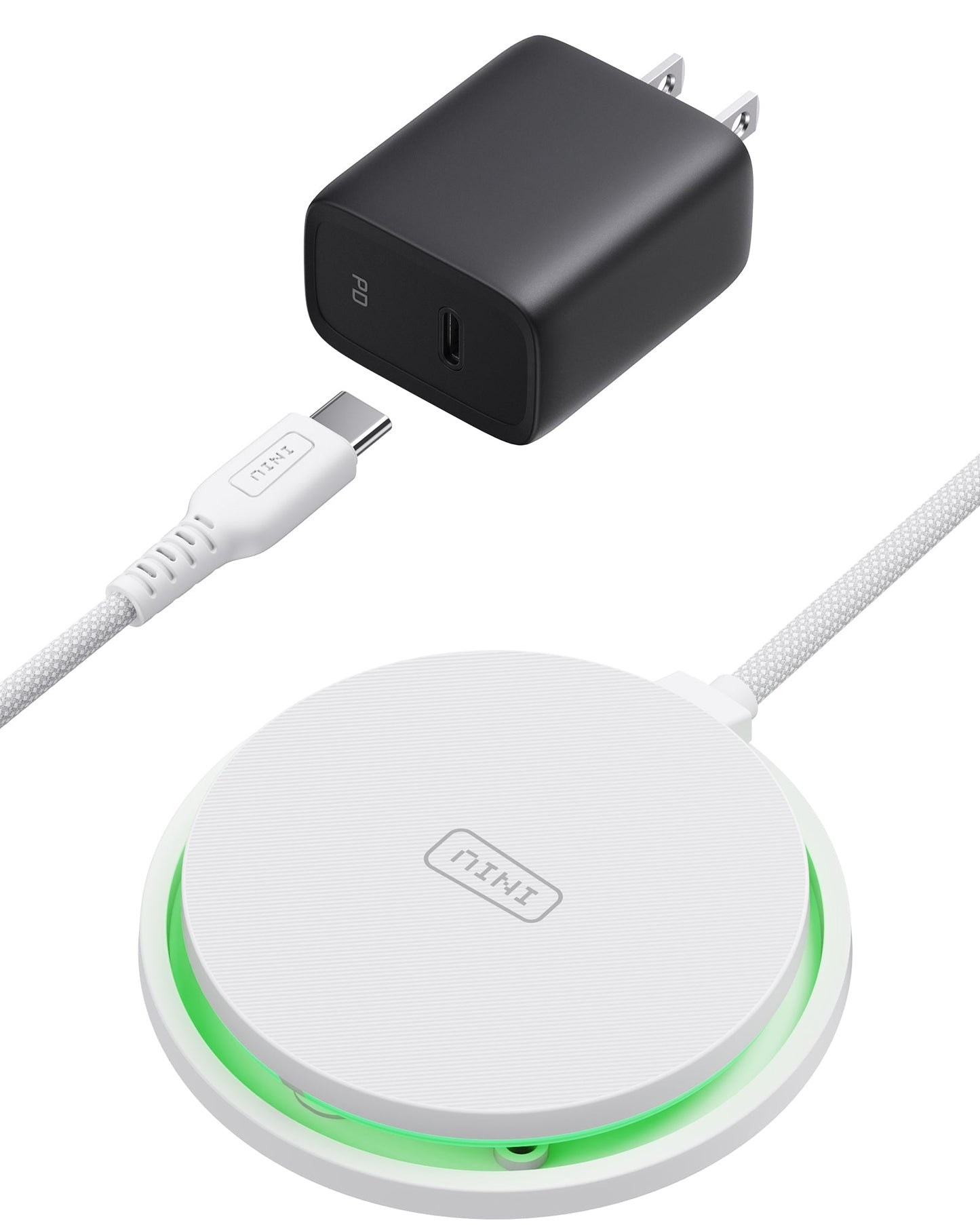 INIU W11-E1 Wireless Charger Kit: black adapter, white charger pad, USB-C cable; fast charging solution.