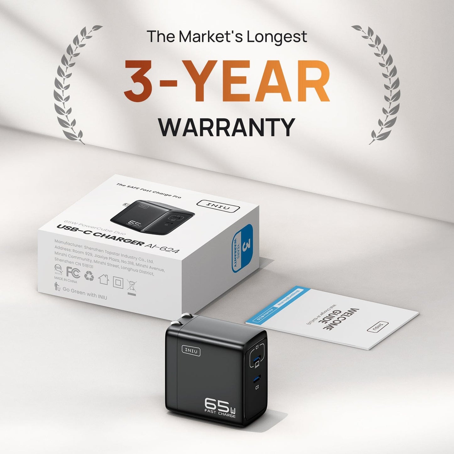 INIU I624 65W Charger with 3-Year Warranty, black design, fast charging USB-C ports, The Market's Longest Warranty