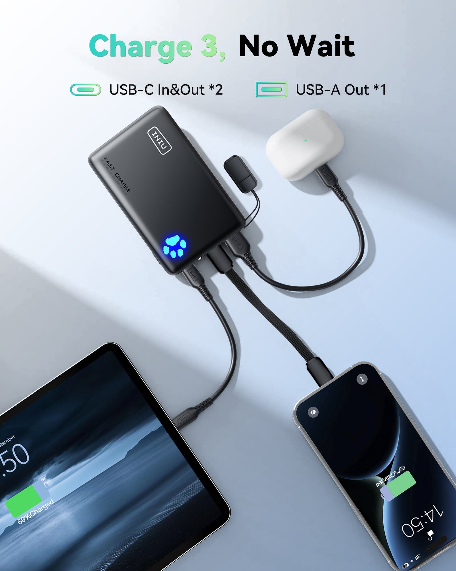 INIU P41-E2 Power Bank charging three devices simultaneously via USB-C and USB-A ports with fast charging technology