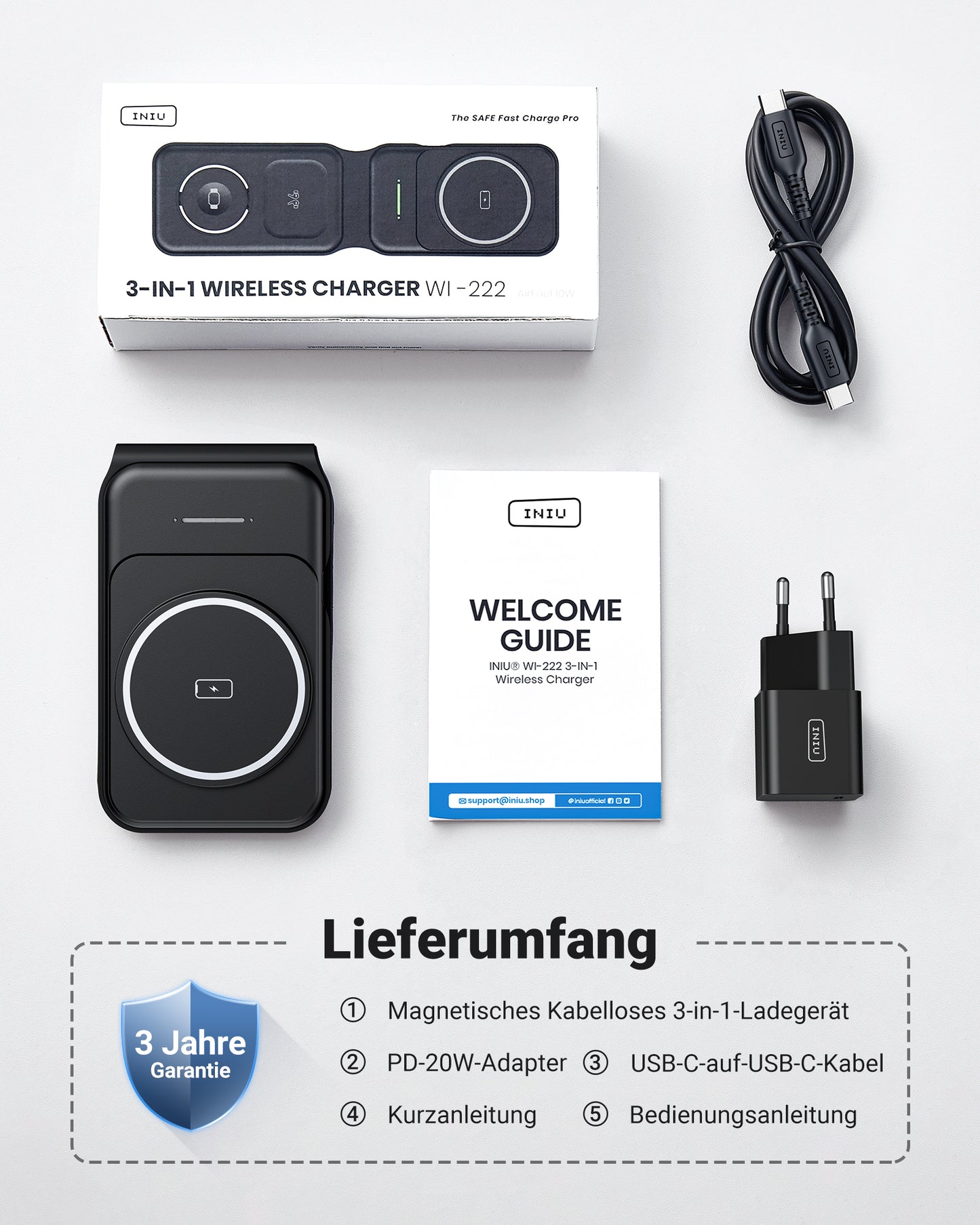 INIU SnapGo WI222 3 in 1 Wireless Charging Pad & Stand, 15W Magnetic Multifunction
