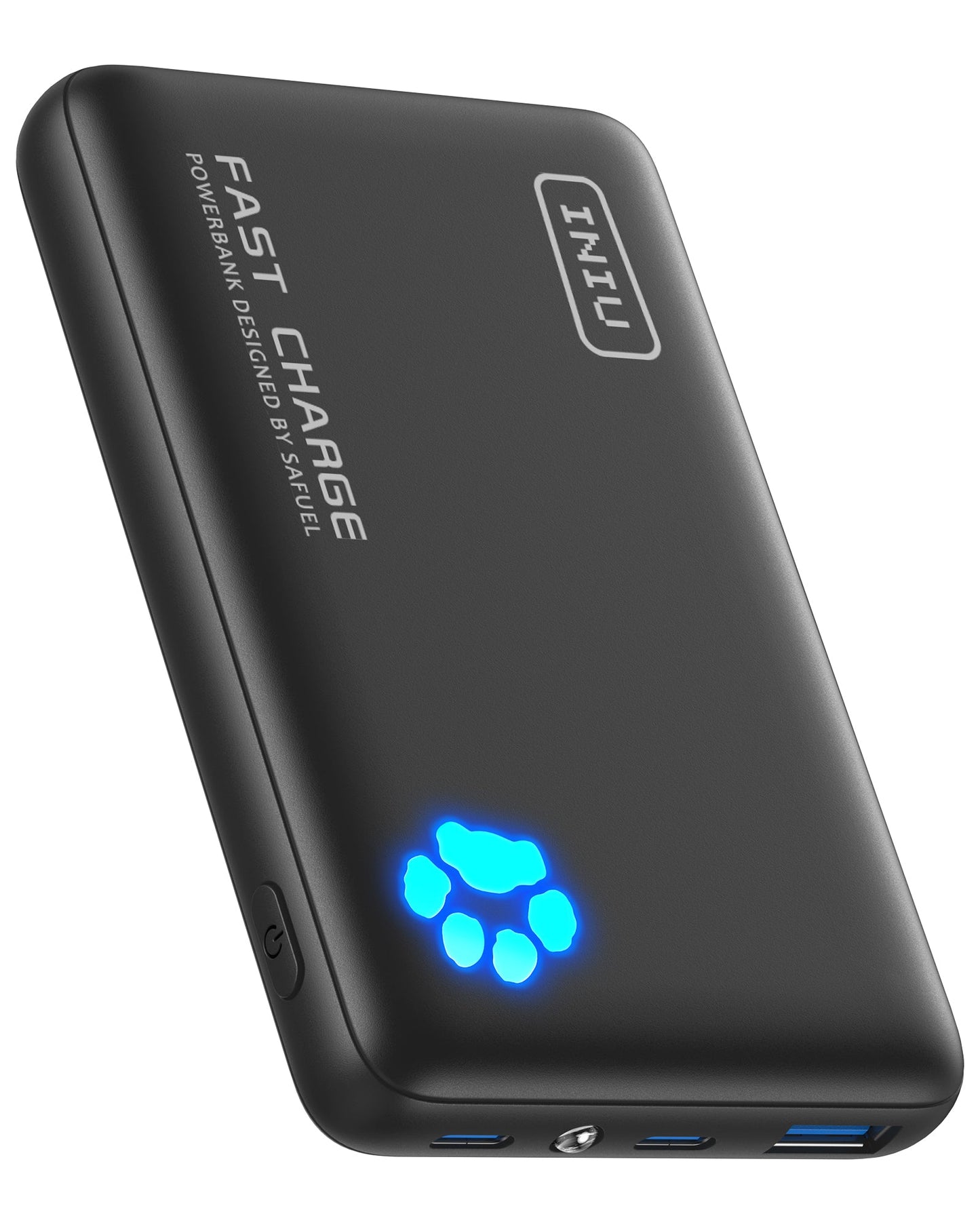 INIU P41 Power Bank: Black Fast Charge portable charger with paw print indicator and fast charge design.