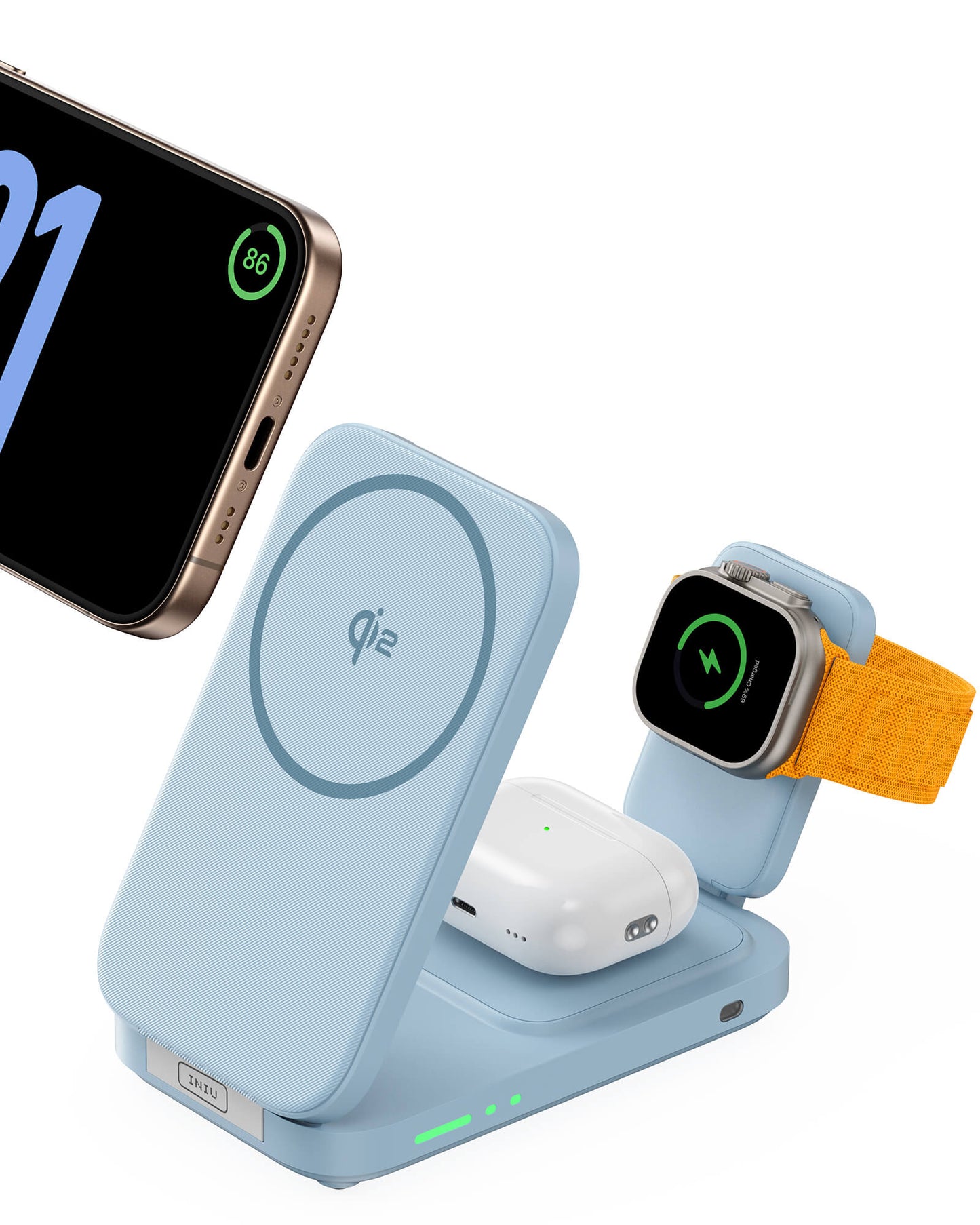 INIU SnapGo W31-E1 3-in-1 wireless charger, charging iPhone, iWatch, and AirPods simultaneously, Qi2 tech, light blue
