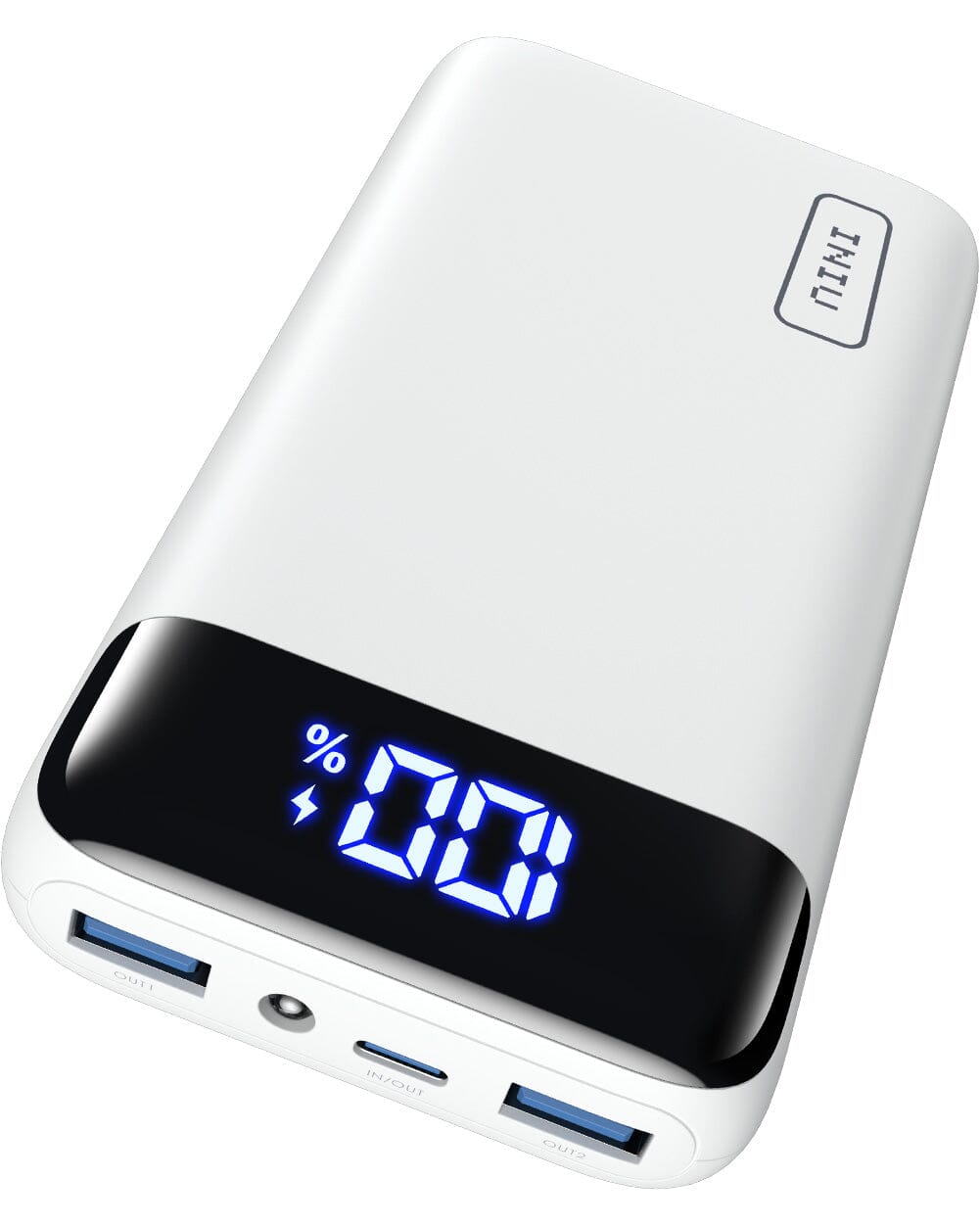 INIU B5 Power Bank, white portable charger with digital display showing 100% charge, fast charging.