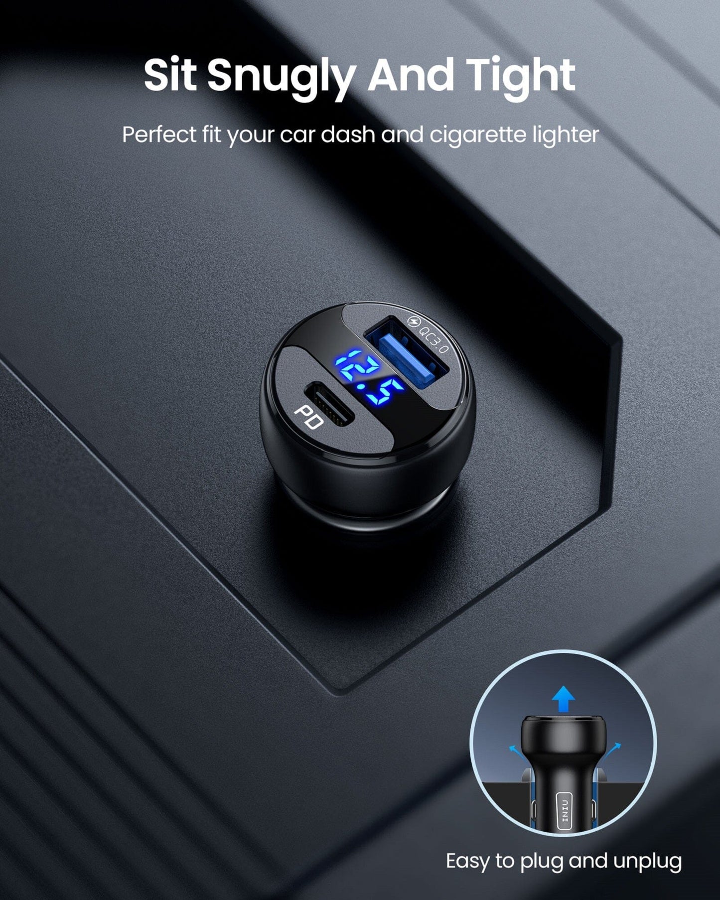 INIU I711 Car Charger: Black, compact design, digital voltage display for a perfect fit in car, easy to plug and unplug.