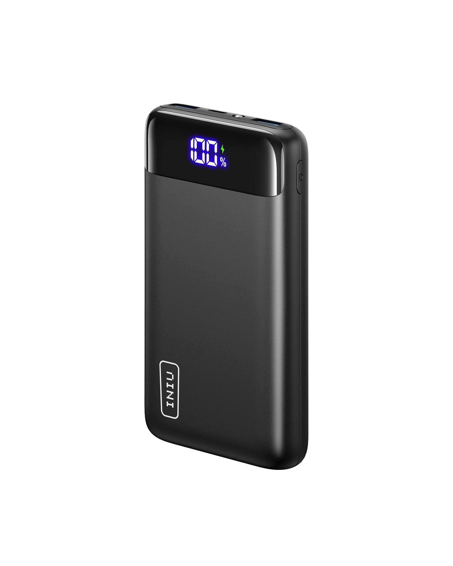 INIU B5 20,000mAh Power Bank - Black with digital display showing 100% charge, a portable charger for fast charging.