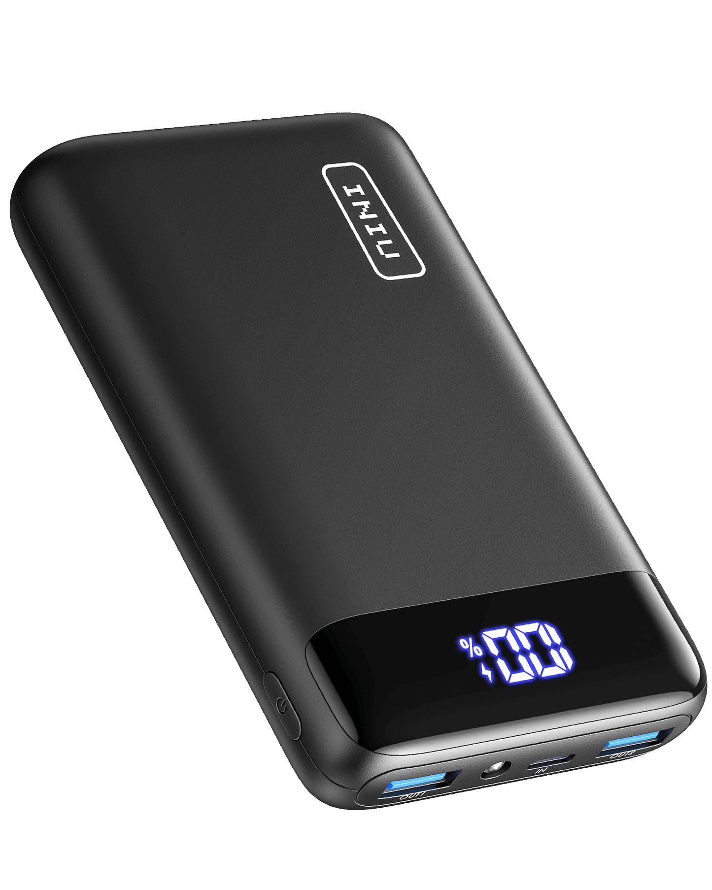 INIU B5 Power Bank - Black, sleek design with digital display showing charge level and INIU branding
