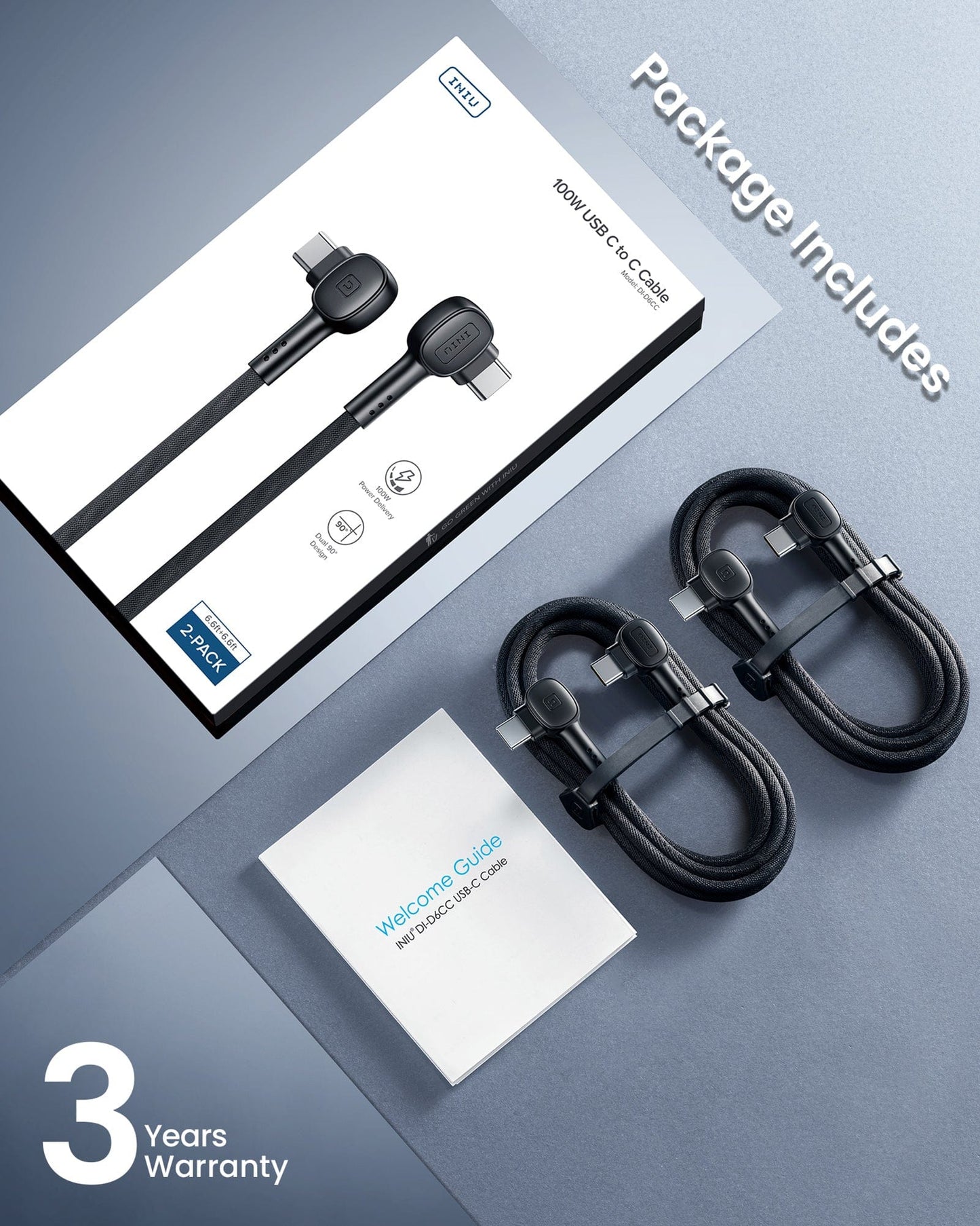 INIU D6CC USB C Cable 2-Pack: 100W fast charging cable with 90 degree design, black FlyWeave nylon, includes warranty.