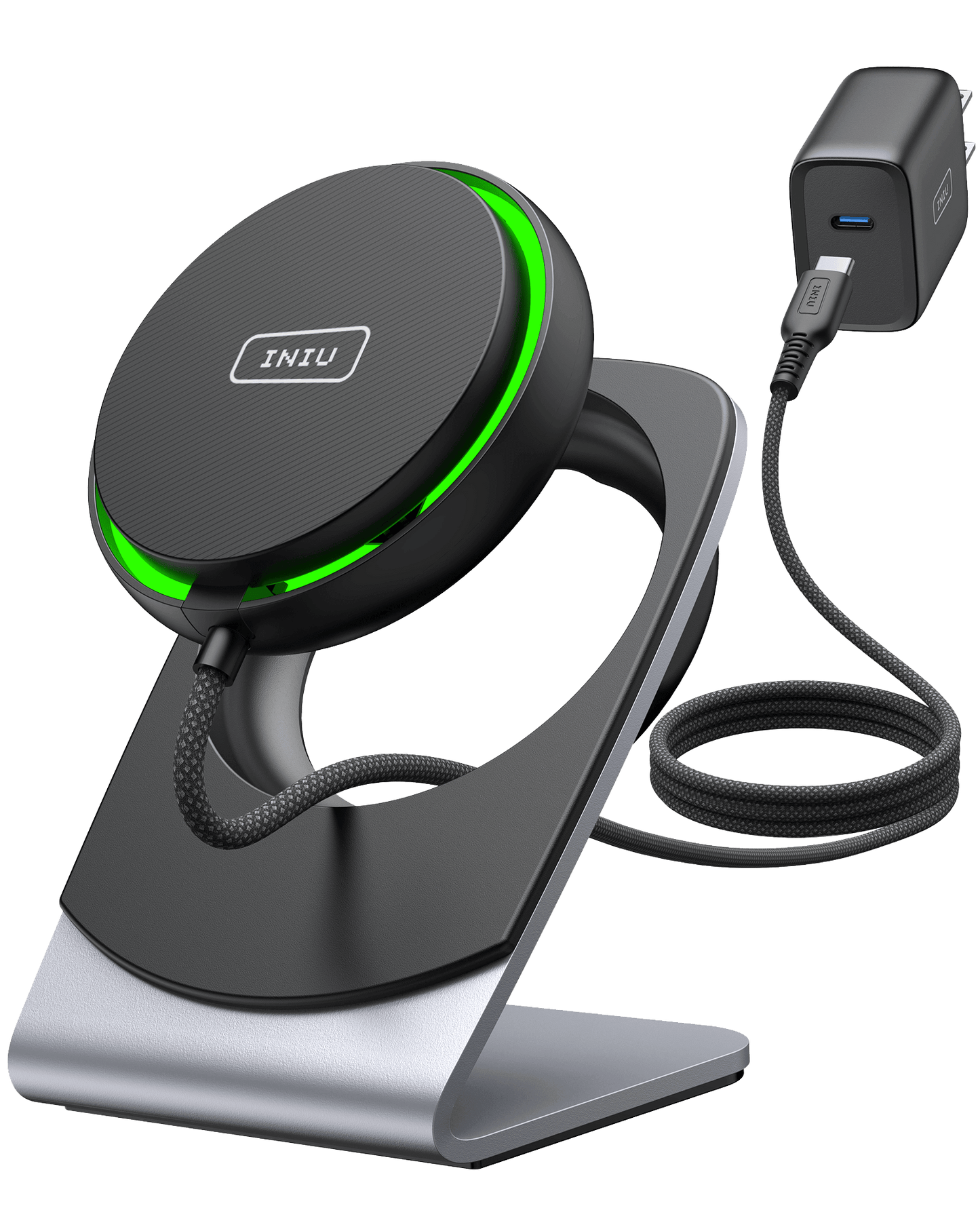 INIU WI213 Wireless Charger. Black and silver wireless charger with green light and USB-C charger.