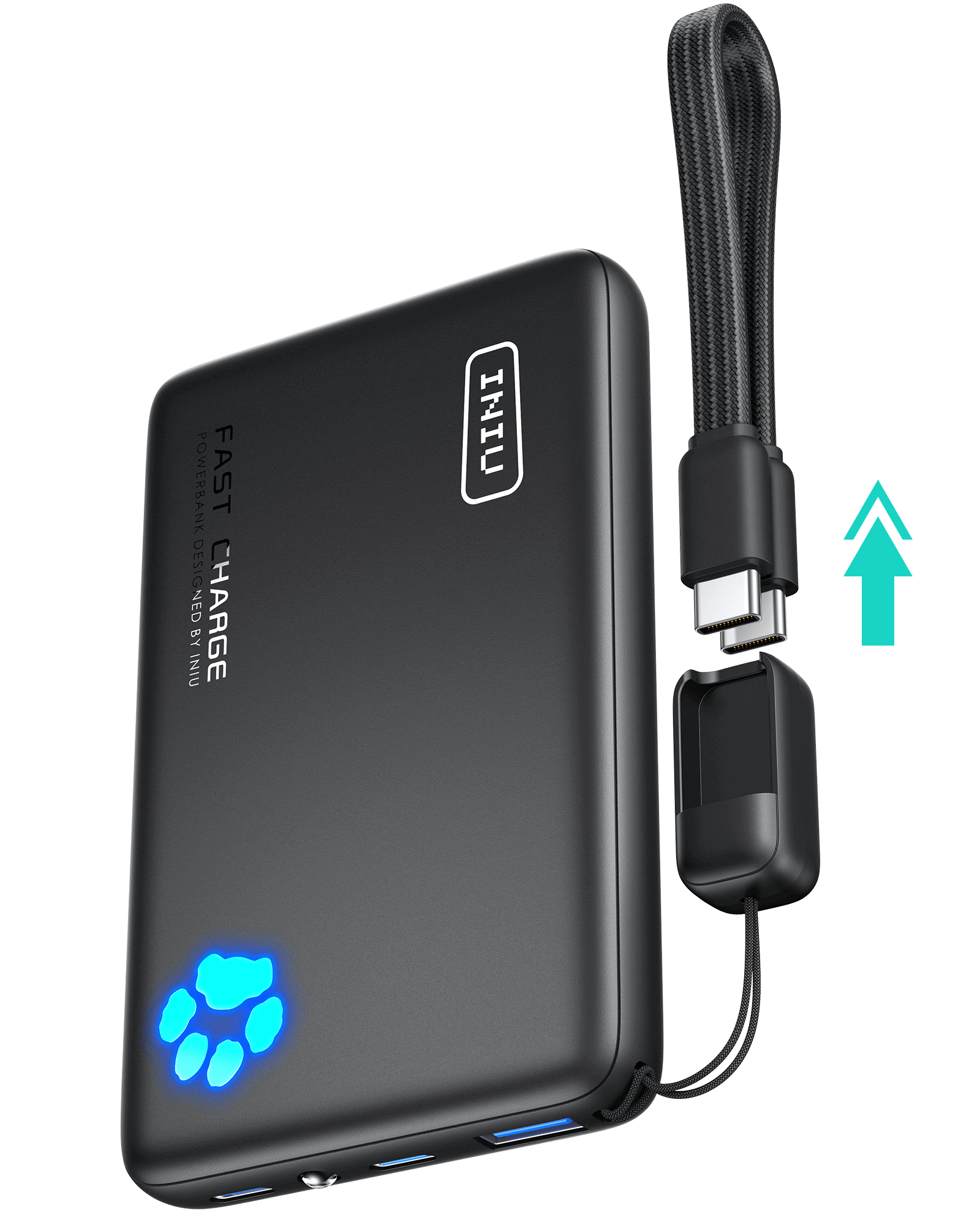 INIU P41 Power Bank: Black portable charger with Fast Charge text, USB-C cable, and paw print lights