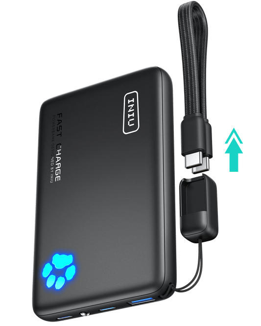 INIU P41 Power Bank: Black portable charger with Fast Charge text, USB-C cable, and paw print lights