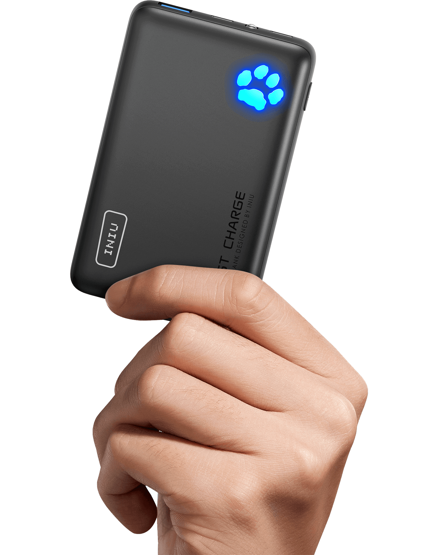 INIU P41 Power Bank: Black portable charger with paw print indicator and fast charge design, held in hand.