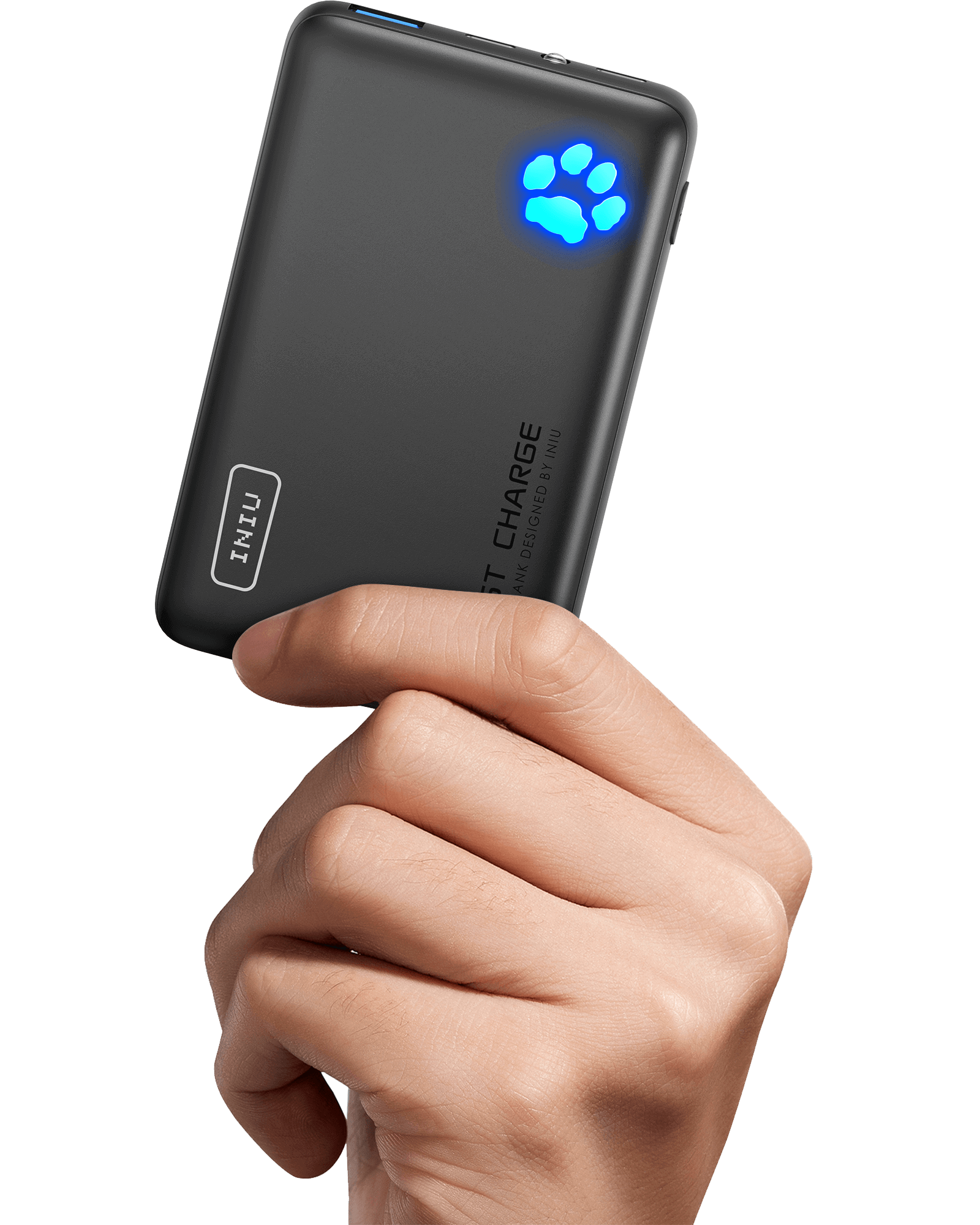 INIU P41 Power Bank: Black portable charger with paw print indicator and fast charge design, held in hand.