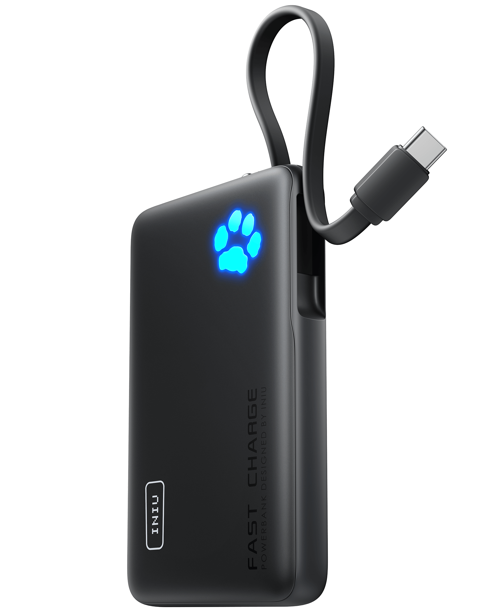 INIU P41L-E1 Power Bank Black - Portable charger with built-in cable and unique paw power indicator, fast charging.