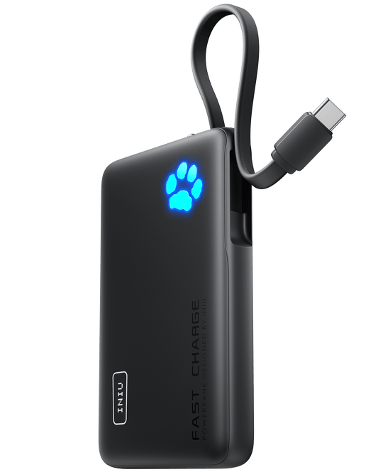 INIU P41L-E1 Power Bank Black - Portable charger with built-in cable and unique paw power indicator, fast charging.