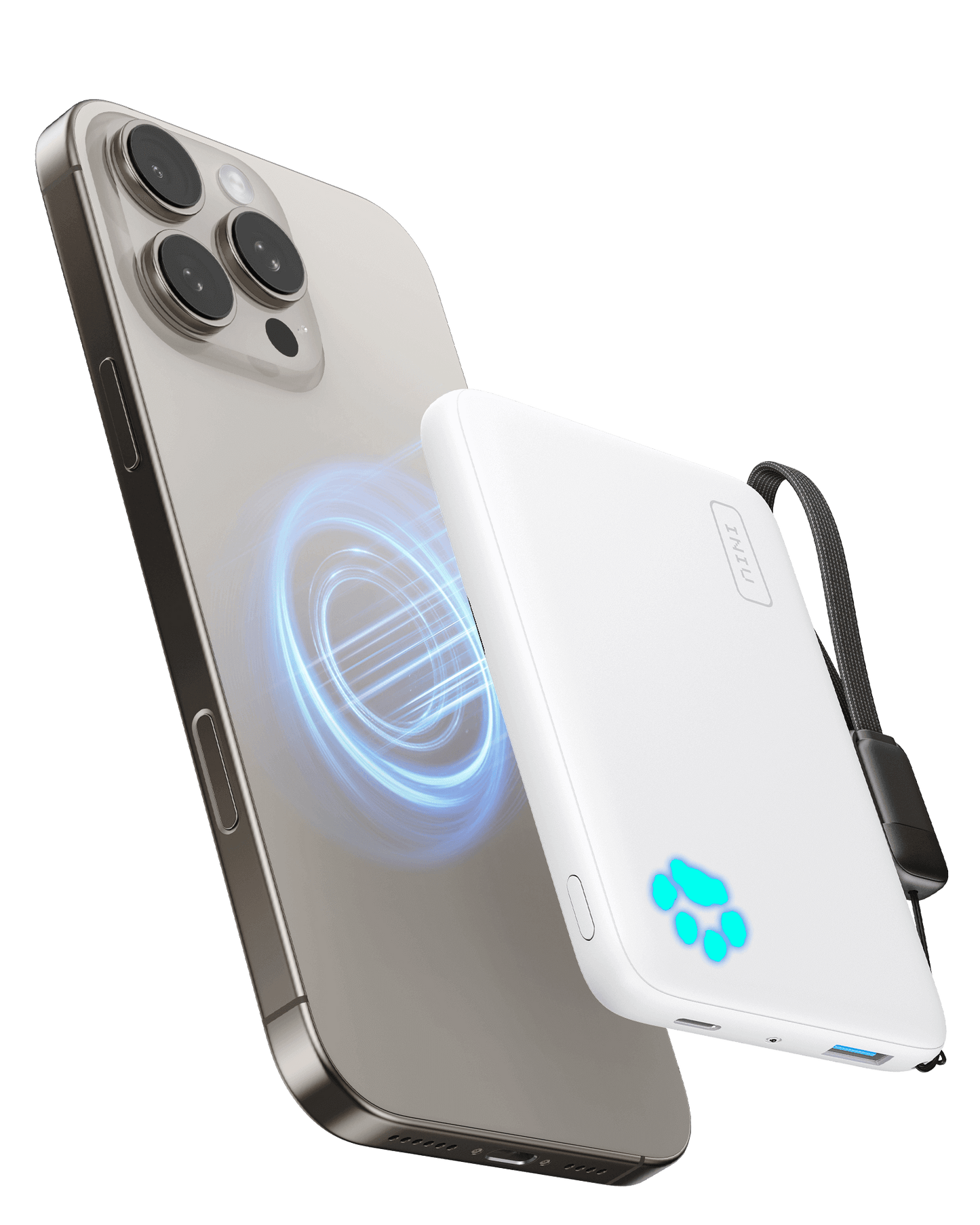 INIU P43-E1 Power Bank charging iPhone wirelessly, white design with blue paw indicators and magnetic charging