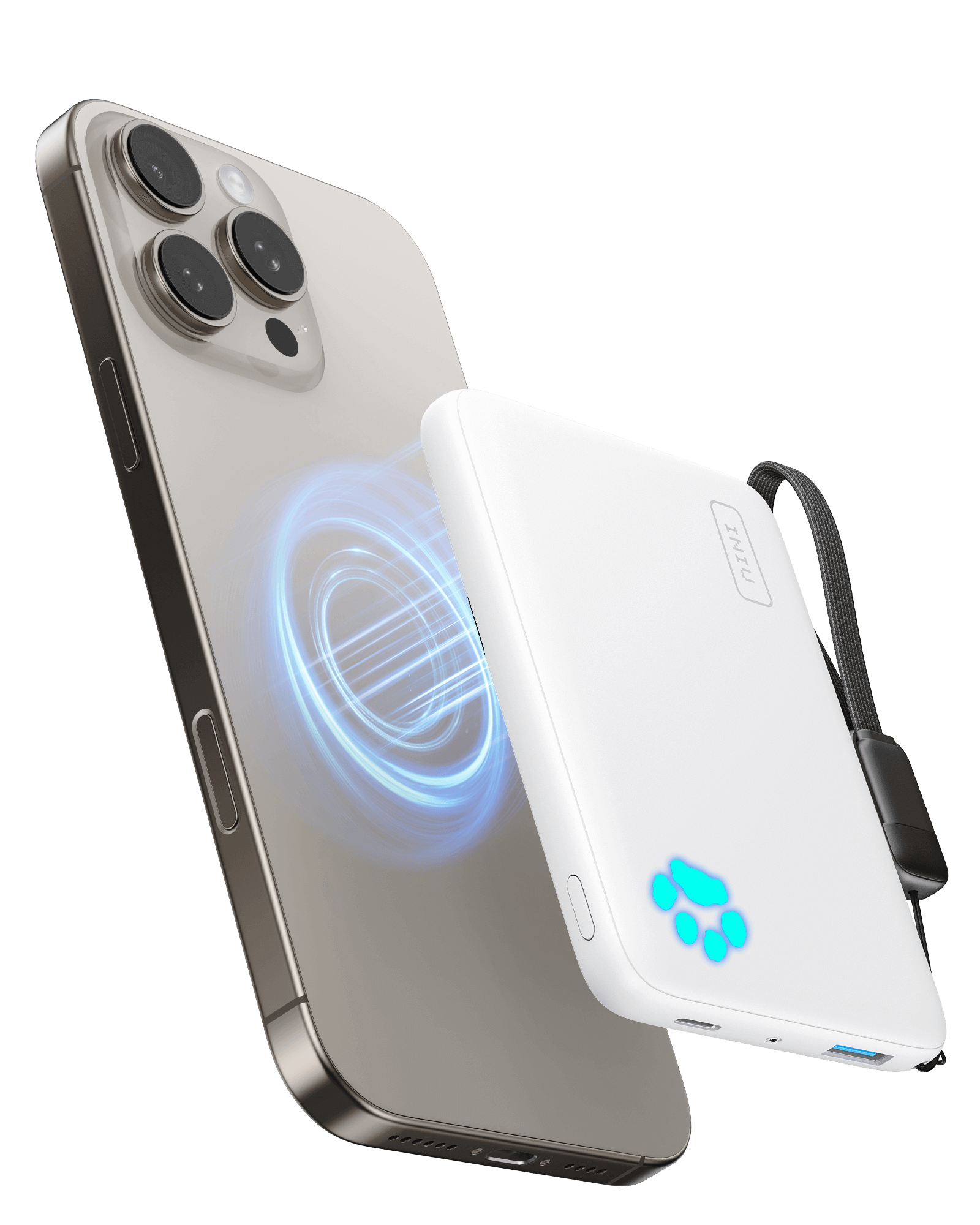 INIU P43-E1 Power Bank charging iPhone wirelessly, white design with blue paw indicators and magnetic charging