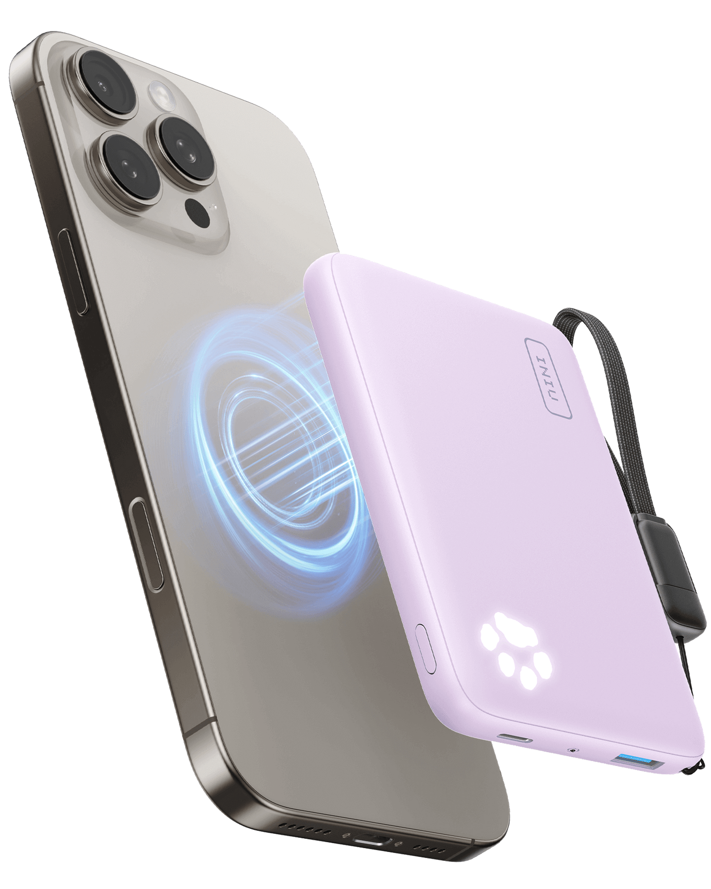 INIU P43-E1 Power Bank wirelessly charging iPhone. Light pink design, paw indicator lights, Magsafe