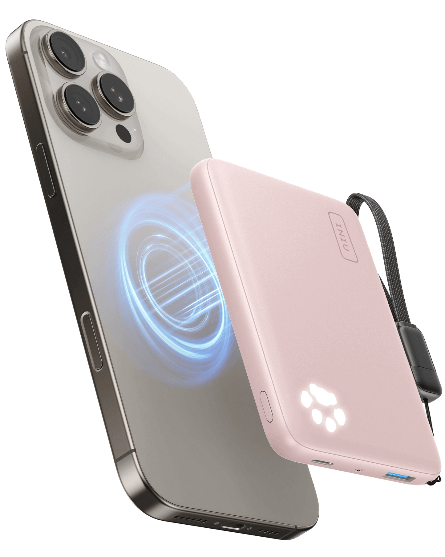 INIU P43-E1 Magsafe Power Bank wirelessly charging iPhone. Pink design, paw indicator lights, fast charging.