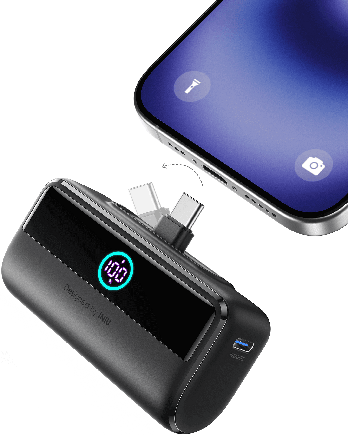 INIU P45-E1 Power Bank charging phone. Displays 100% charge. Black power bank with USB-C ports.