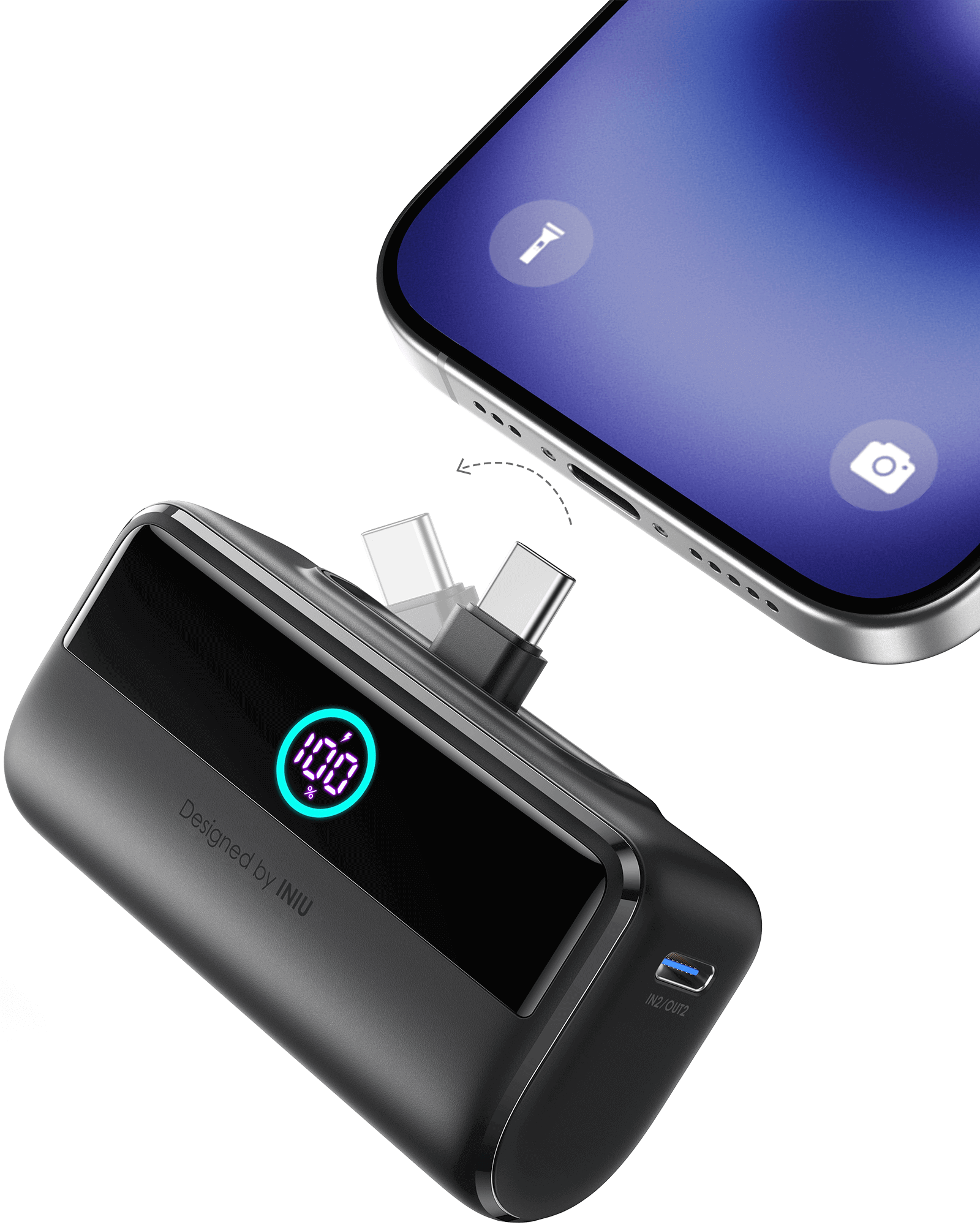 INIU P45-E1 Power Bank charging phone. Displays 100% charge. Black power bank with USB-C ports.