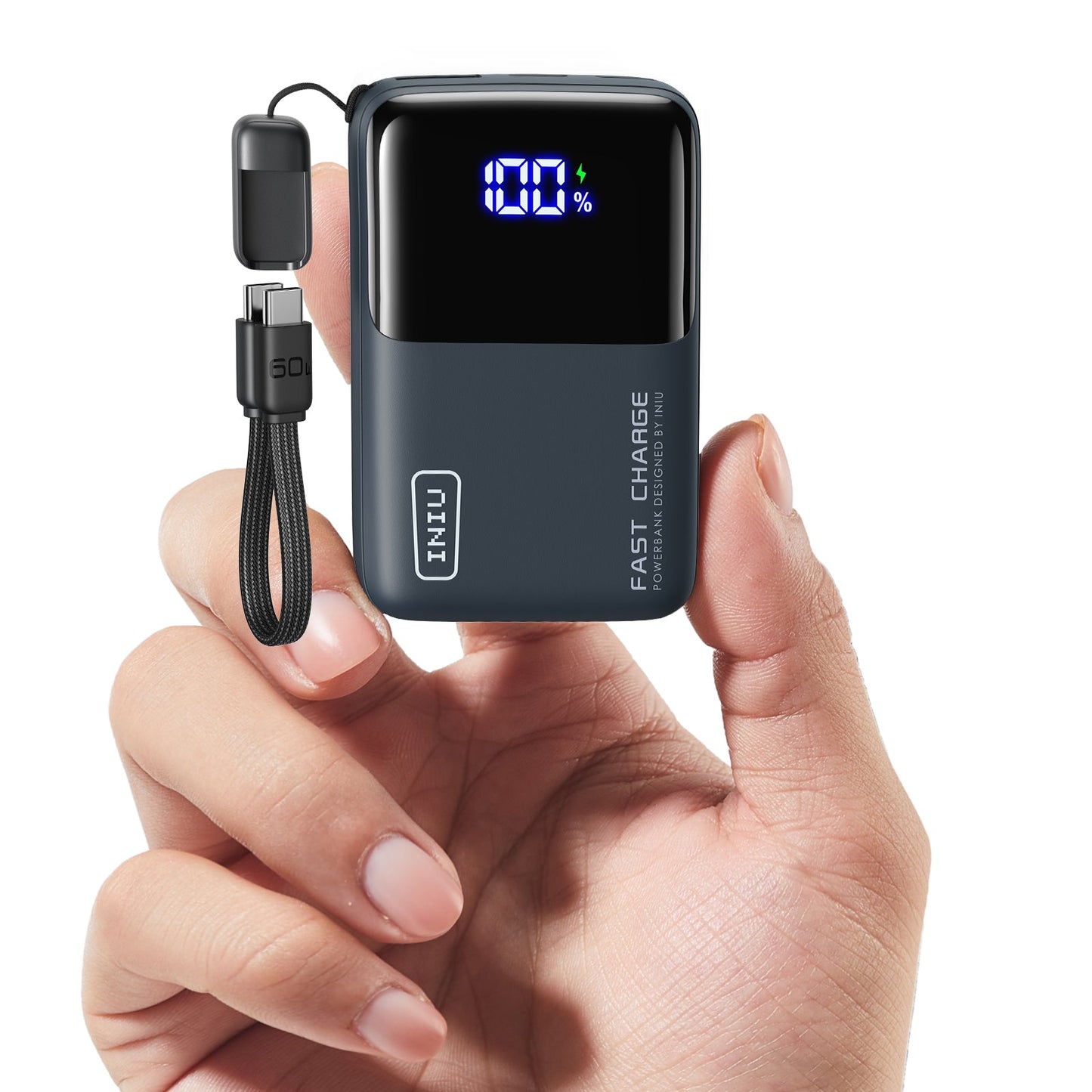 INIU Carry P50-E1 power bank showing 100% charge, detachable cable, and fast charging design in hand