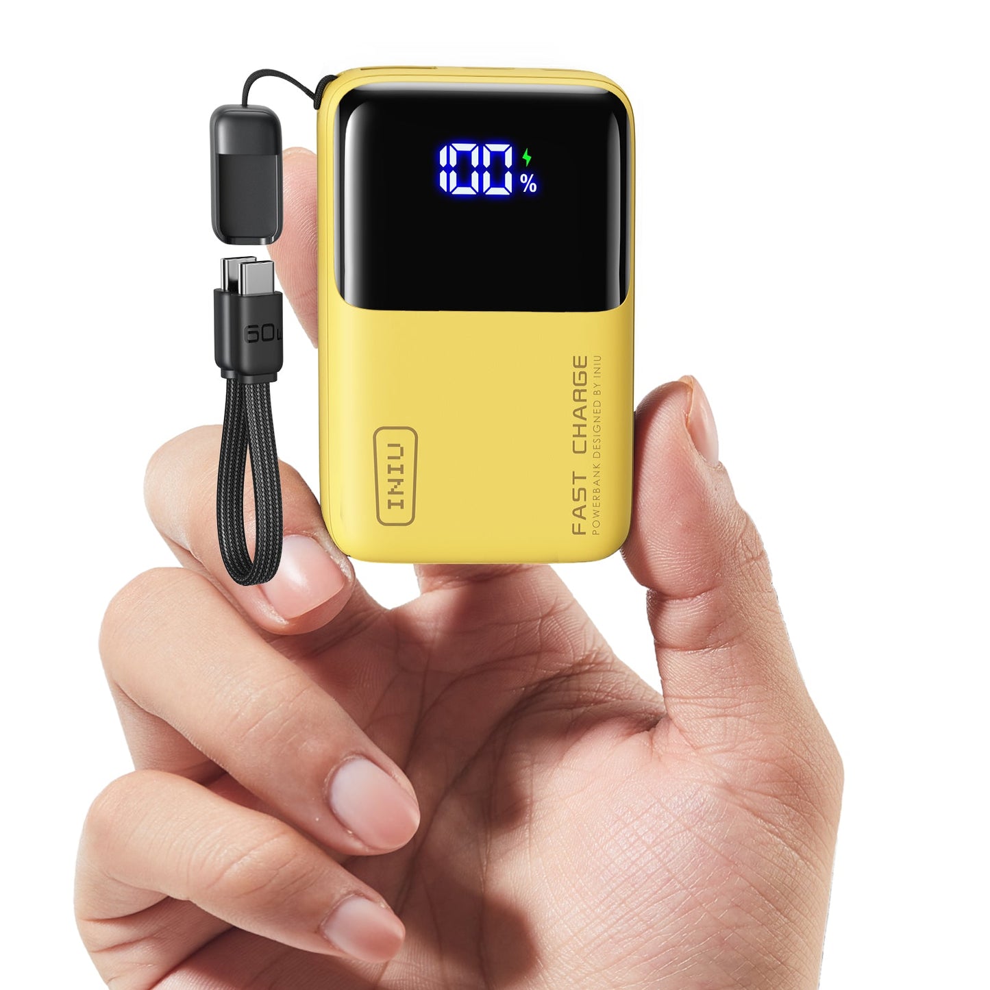 INIU Carry P50-E1 Power Bank: Yellow, 100% charge on display, fast charging with detachable USB-C cable.