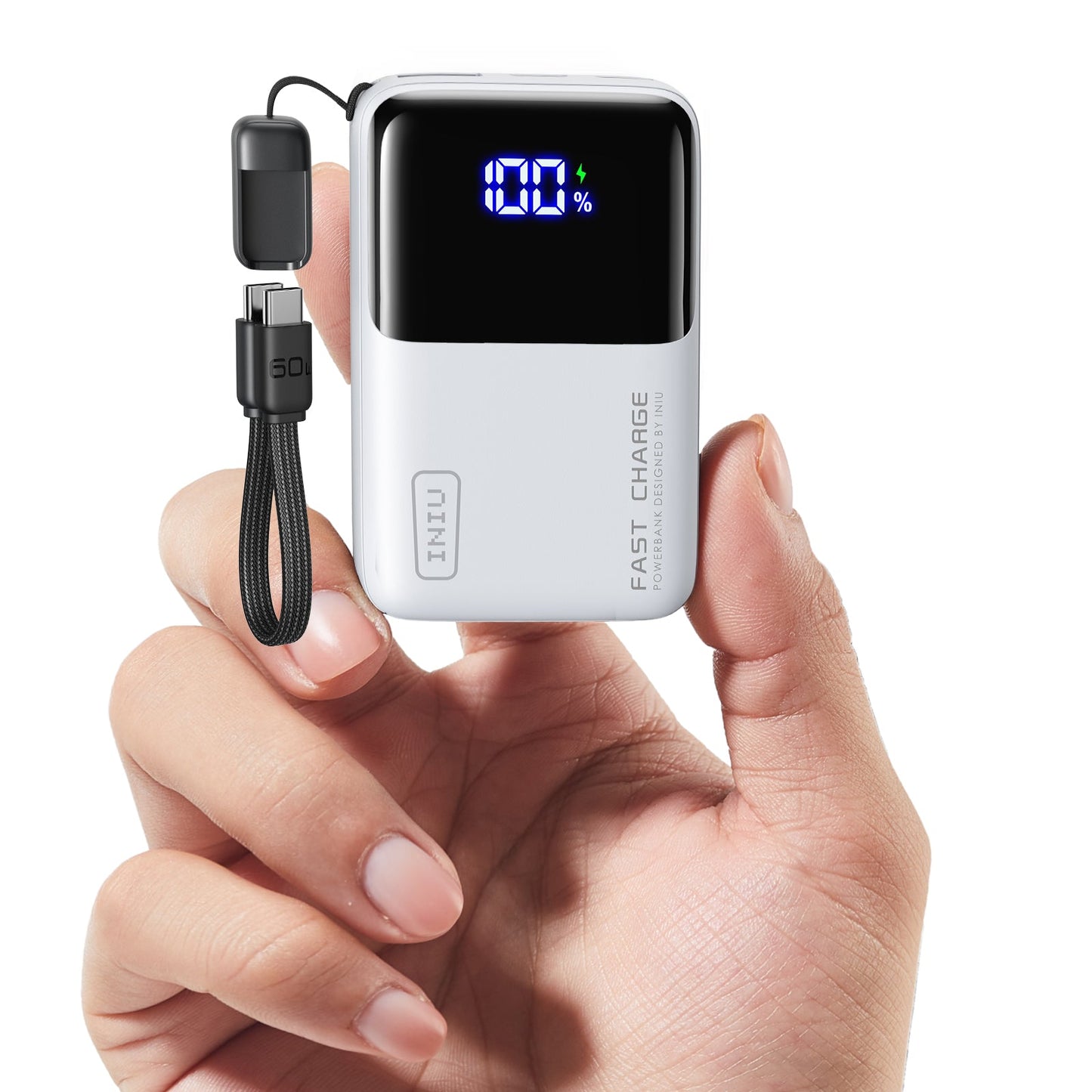INIU Carry P50-E1 power bank, showing 100% charge, Fast Charge, detachable cable, and compact design.