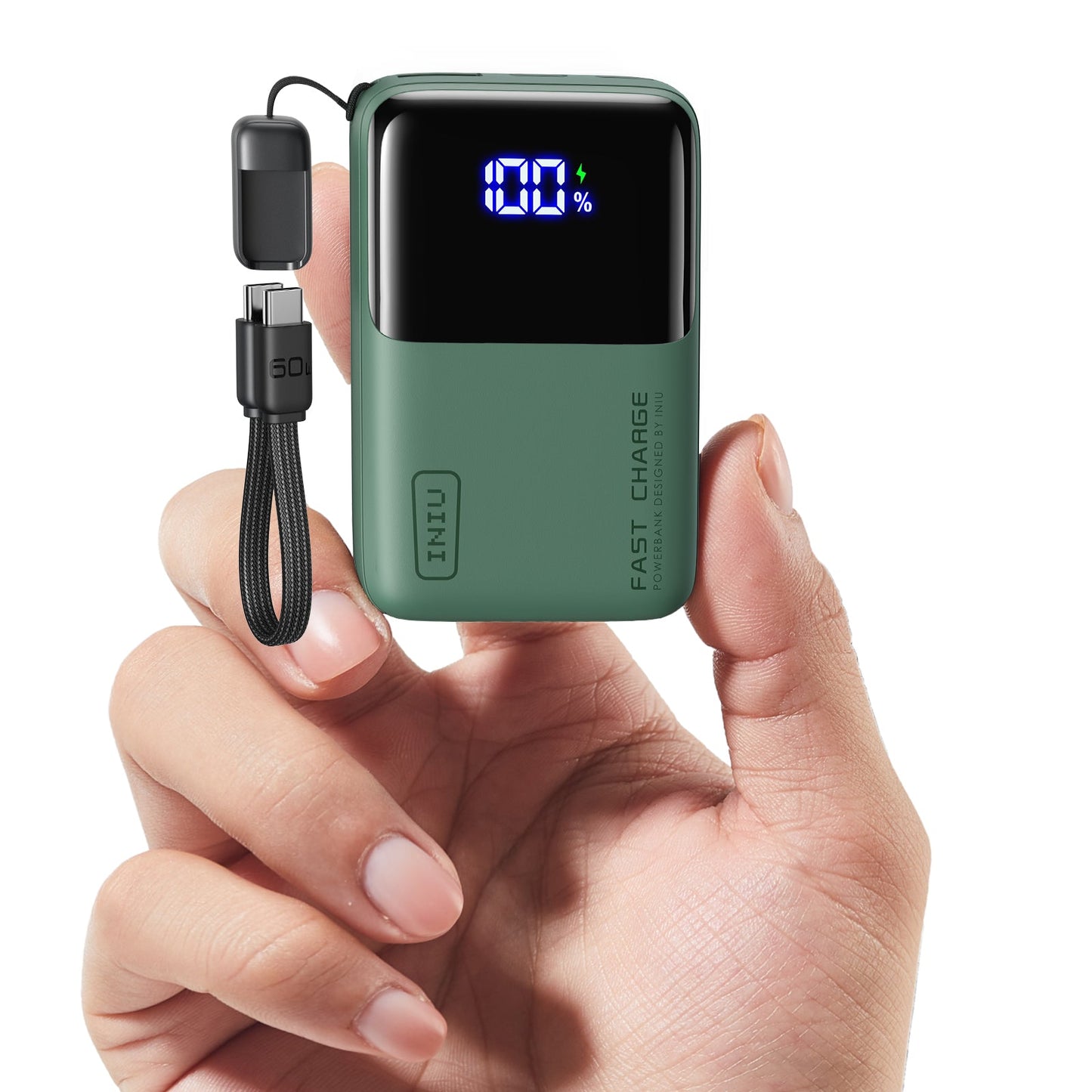 INIU Carry P50-E1 Power Bank: Compact green design with 100% charge display and detachable USB-C cable, fast charging.