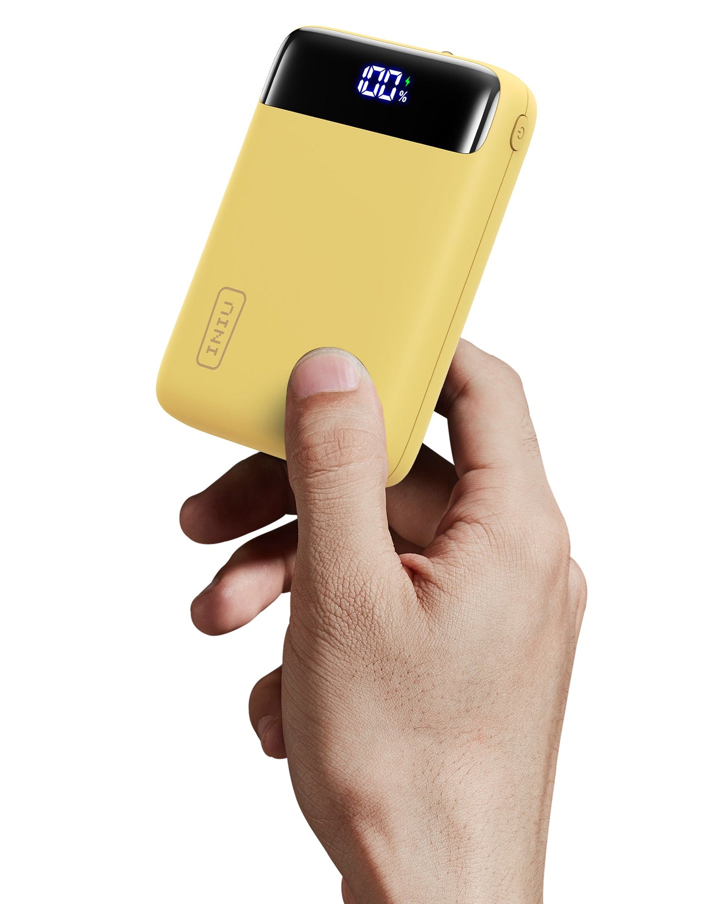 INIU Carry P51-E2 power bank in hand, showing 100% charge, yellow portable charger, 20000mAh