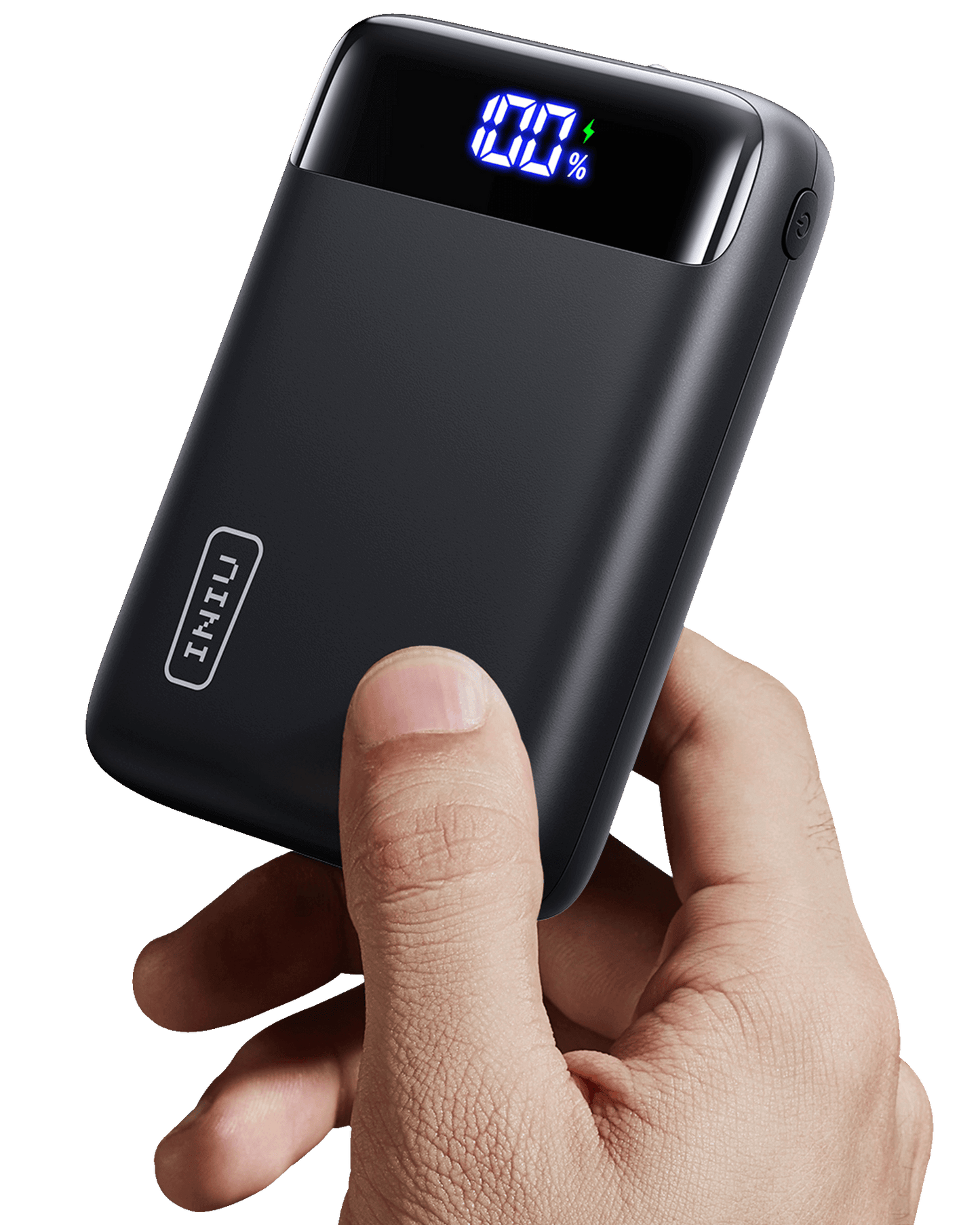 INIU Carry P51-E2 Power Bank: Black portable charger with 100% charge display, perfect for fast charging. 20000mAh capacity.