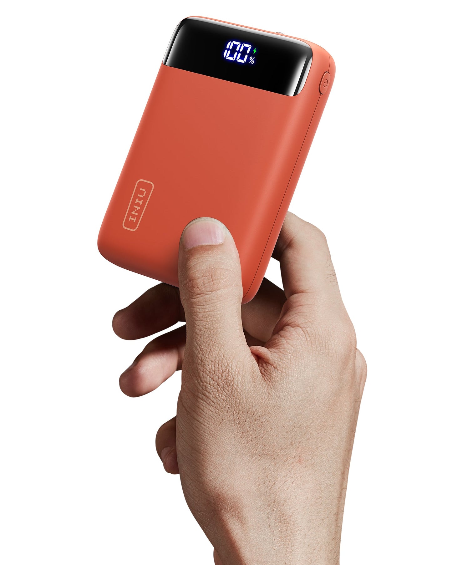 INIU Carry P51-E2: Orange power bank held in hand, displaying 100% charge. Compact 20000mAh portable charger.