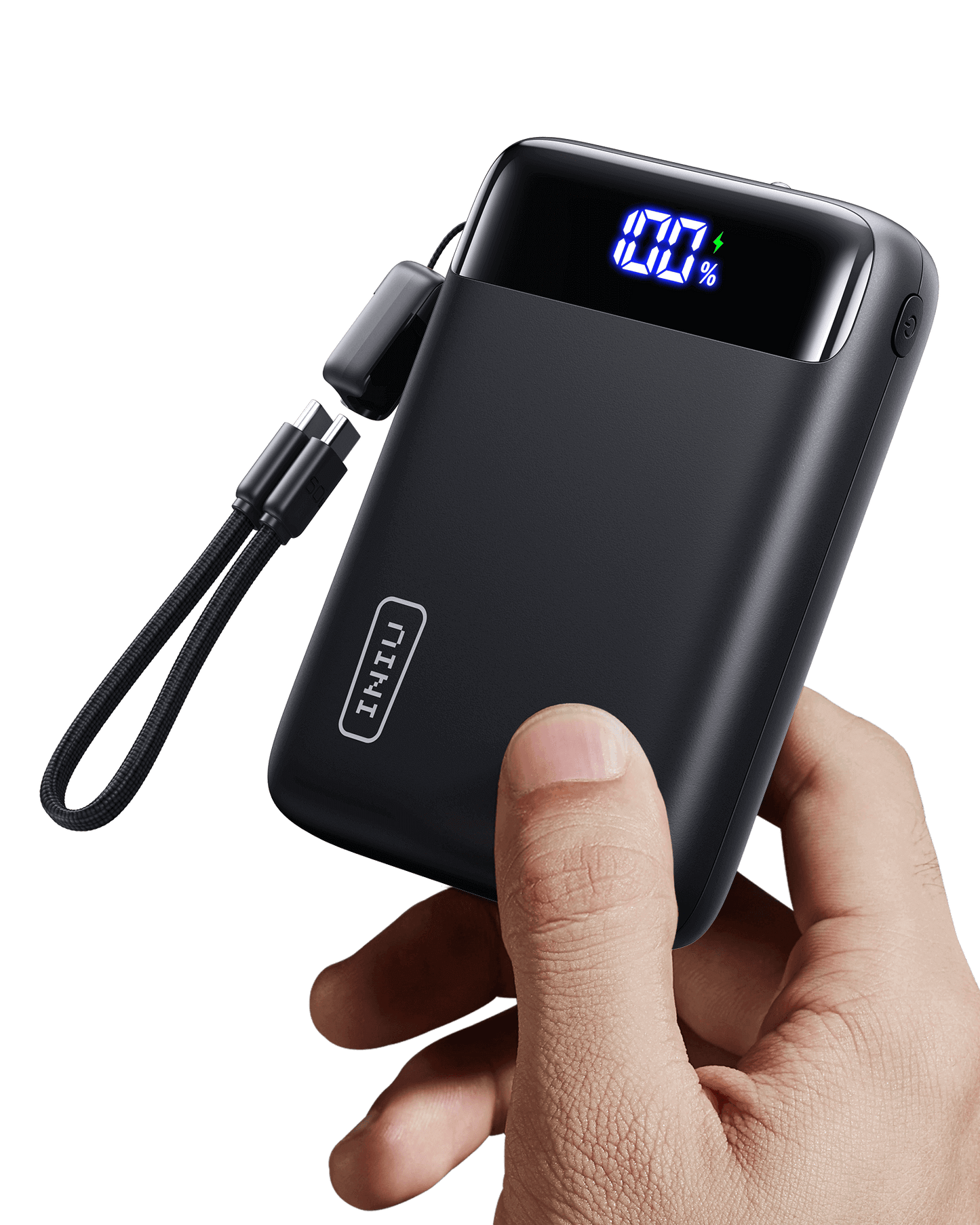 INIU Carry P51-E2 Power Bank in hand, showing 100% charge display, black portable charger