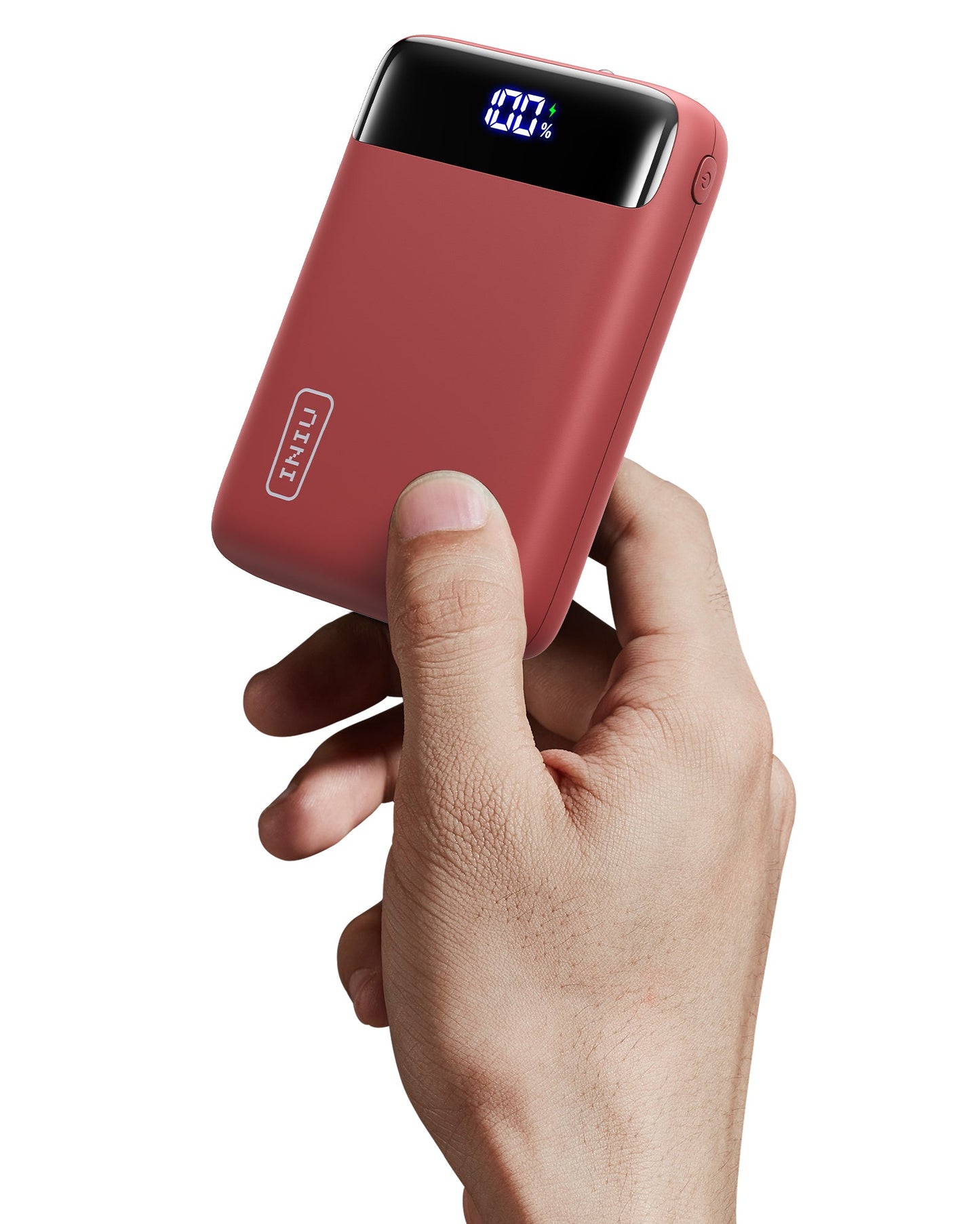 INIU Carry P51-E2 power bank in hand, red, showing 100% charge, portable charger, 20000mAh