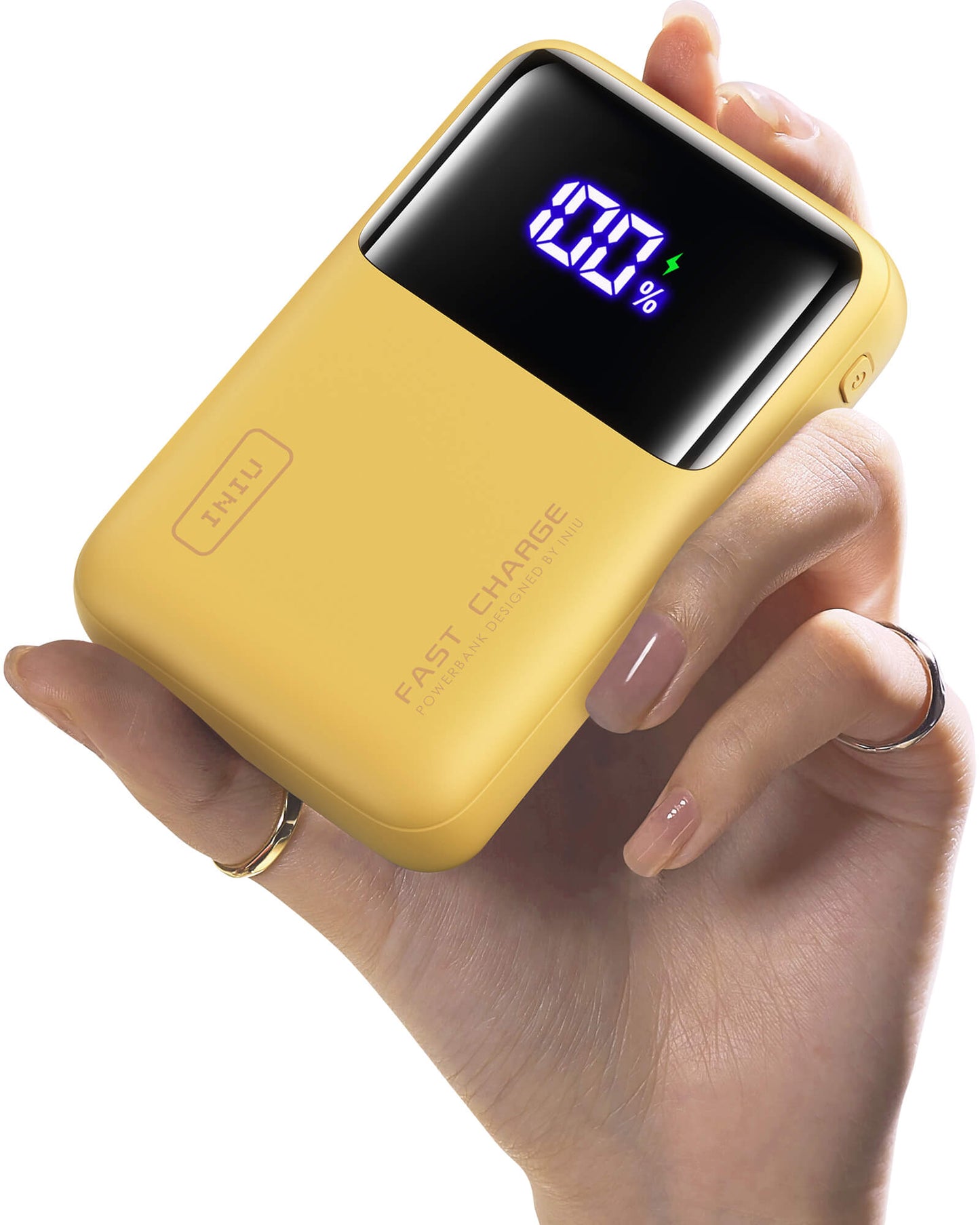 INIU Cougar P62-E1 power bank, yellow, 100% charge display, fast charging, held in hand